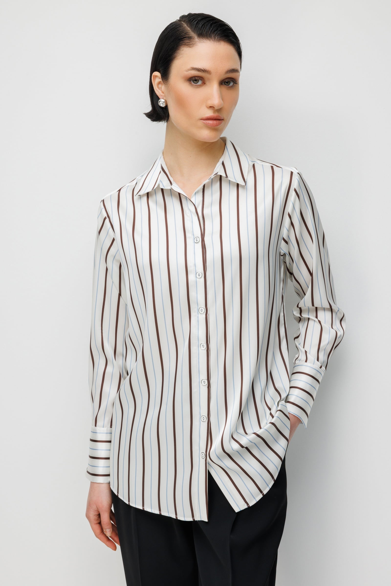 Modailgi  Çizgili Oversize Saten Gömlek Kahve