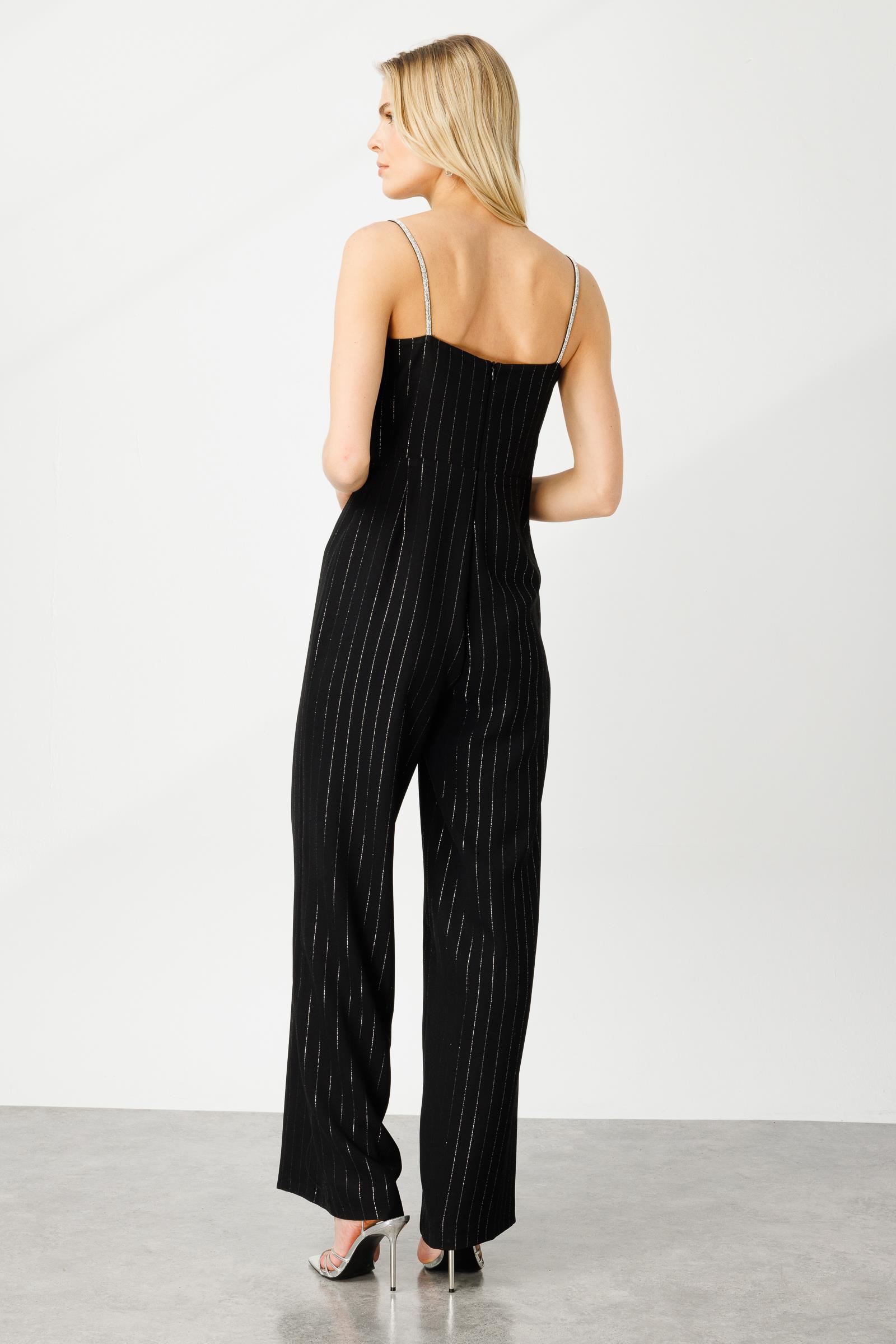 Modailgi  Degaje Yaka Simli Çizgili Tulum Siyah