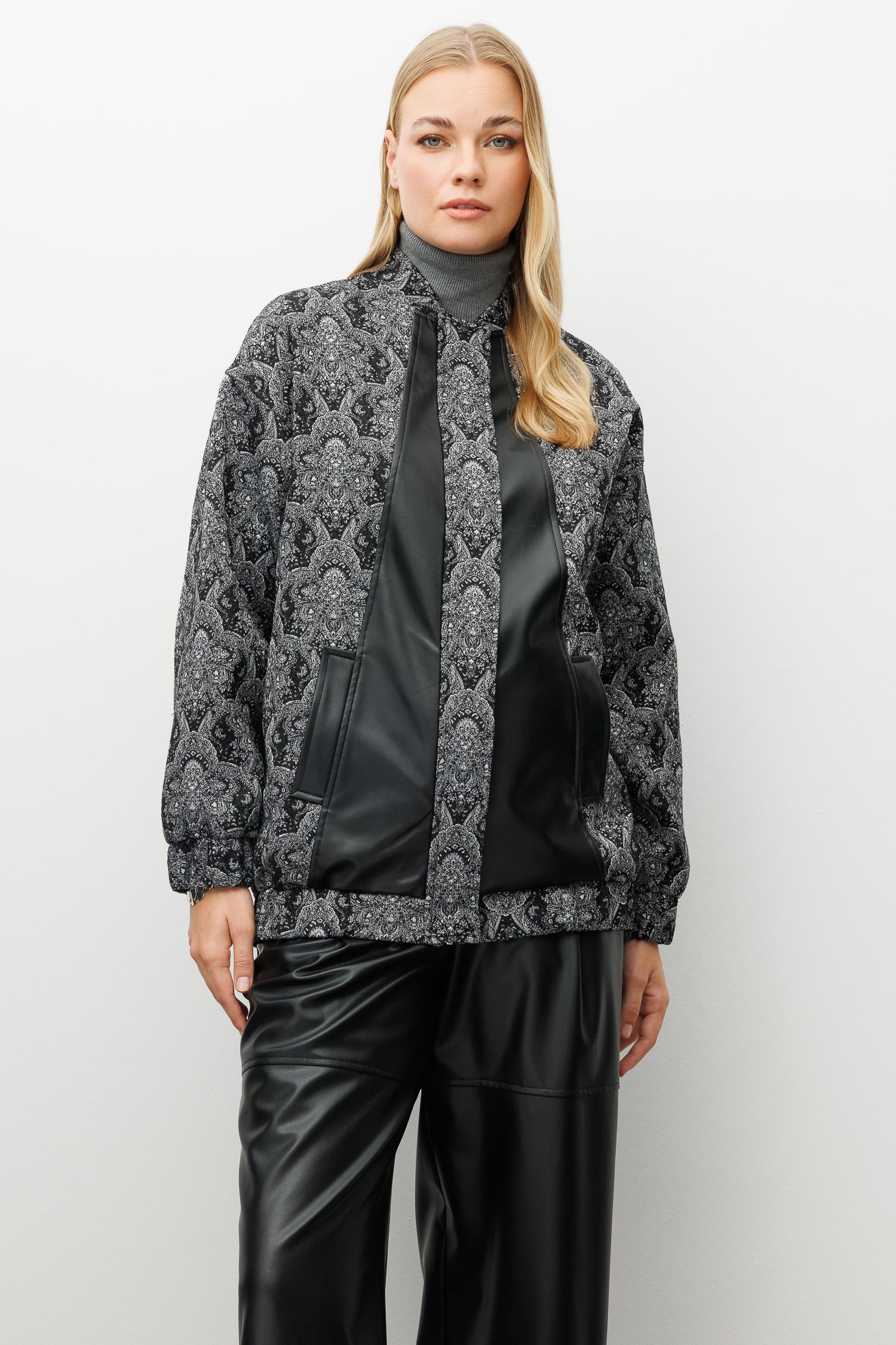 Modailgi  Deri Garni Detaylı Oversize Astarlı Jakar Kumaştan Bomber Ceket Siyah