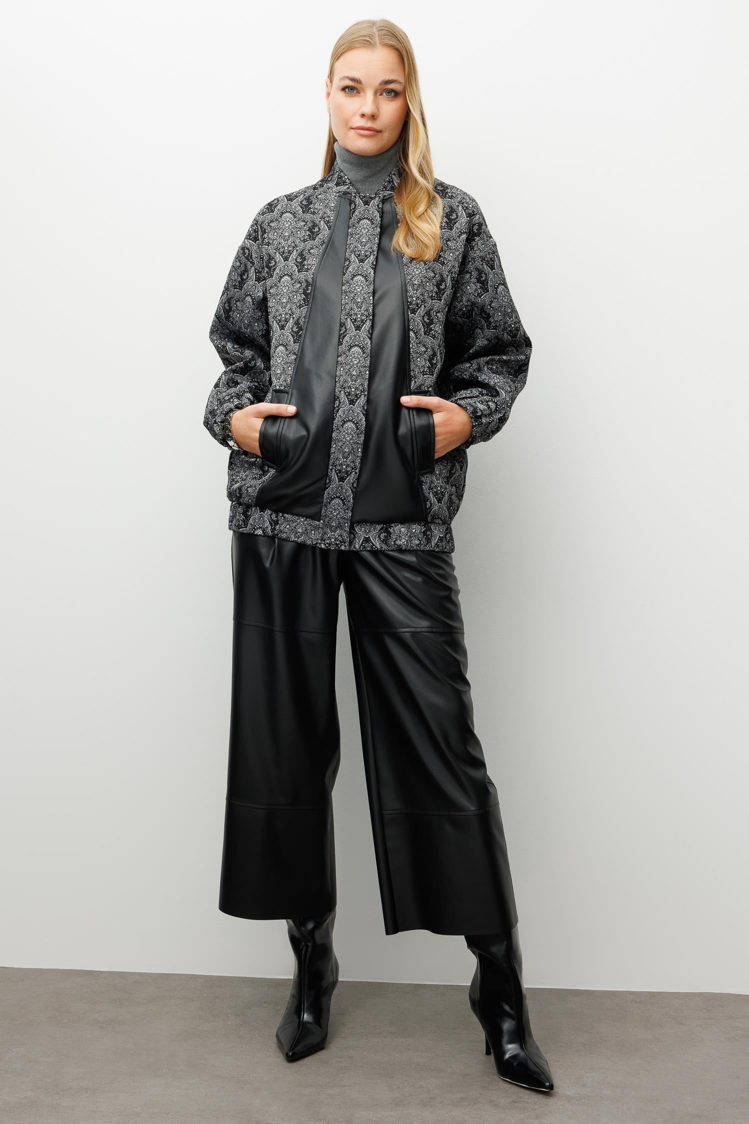 Modailgi  Deri Garni Detaylı Oversize Astarlı Jakar Kumaştan Bomber Ceket Siyah