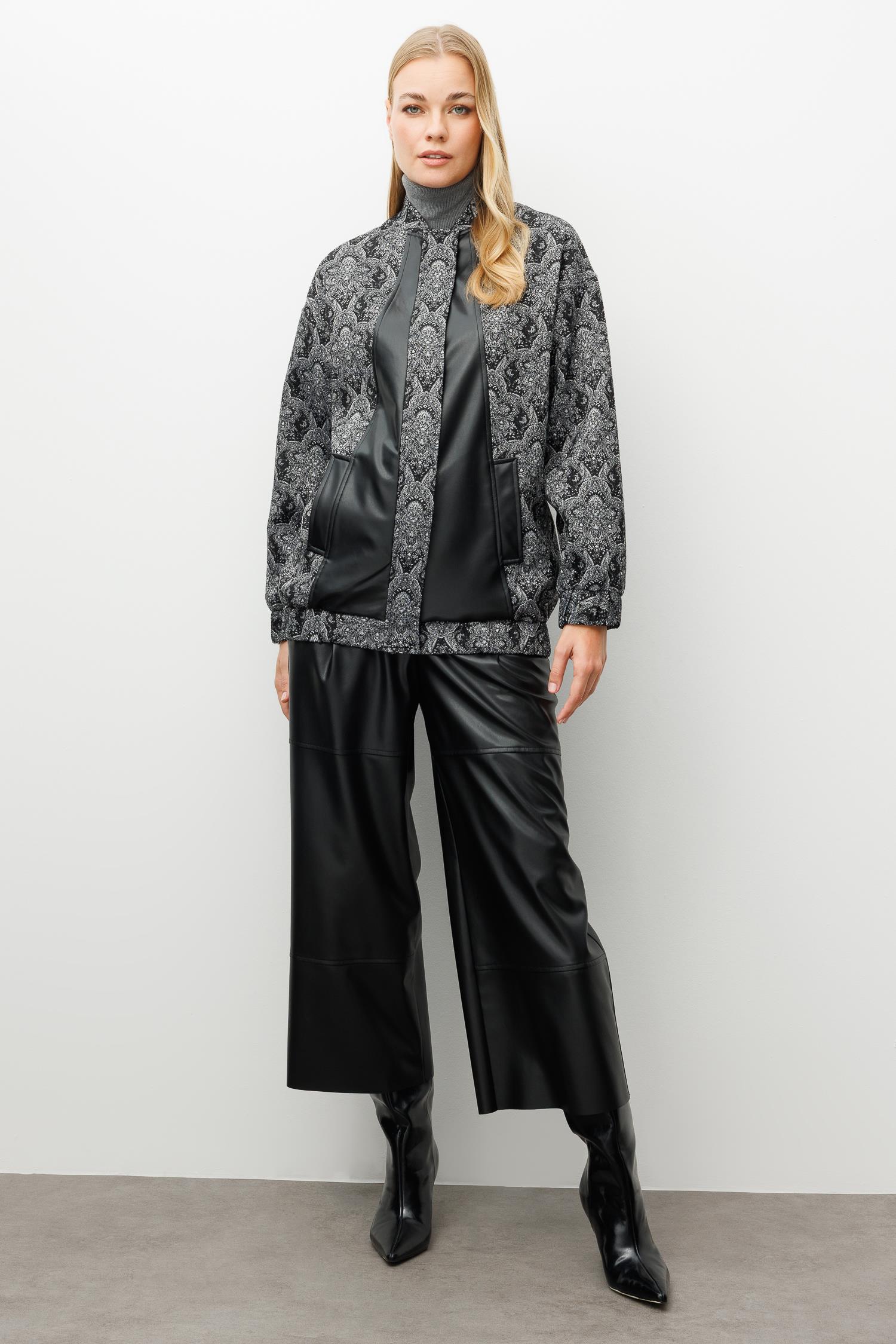 Modailgi  Deri Garni Detaylı Oversize Astarlı Jakar Kumaştan Bomber Ceket Siyah