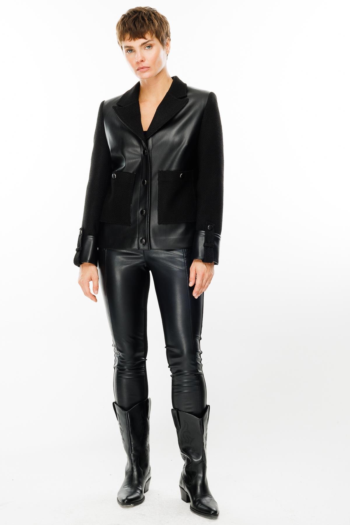 Modailgi  Deri Garnili Torba Cepli Kısa Tweed Ceket Siyah