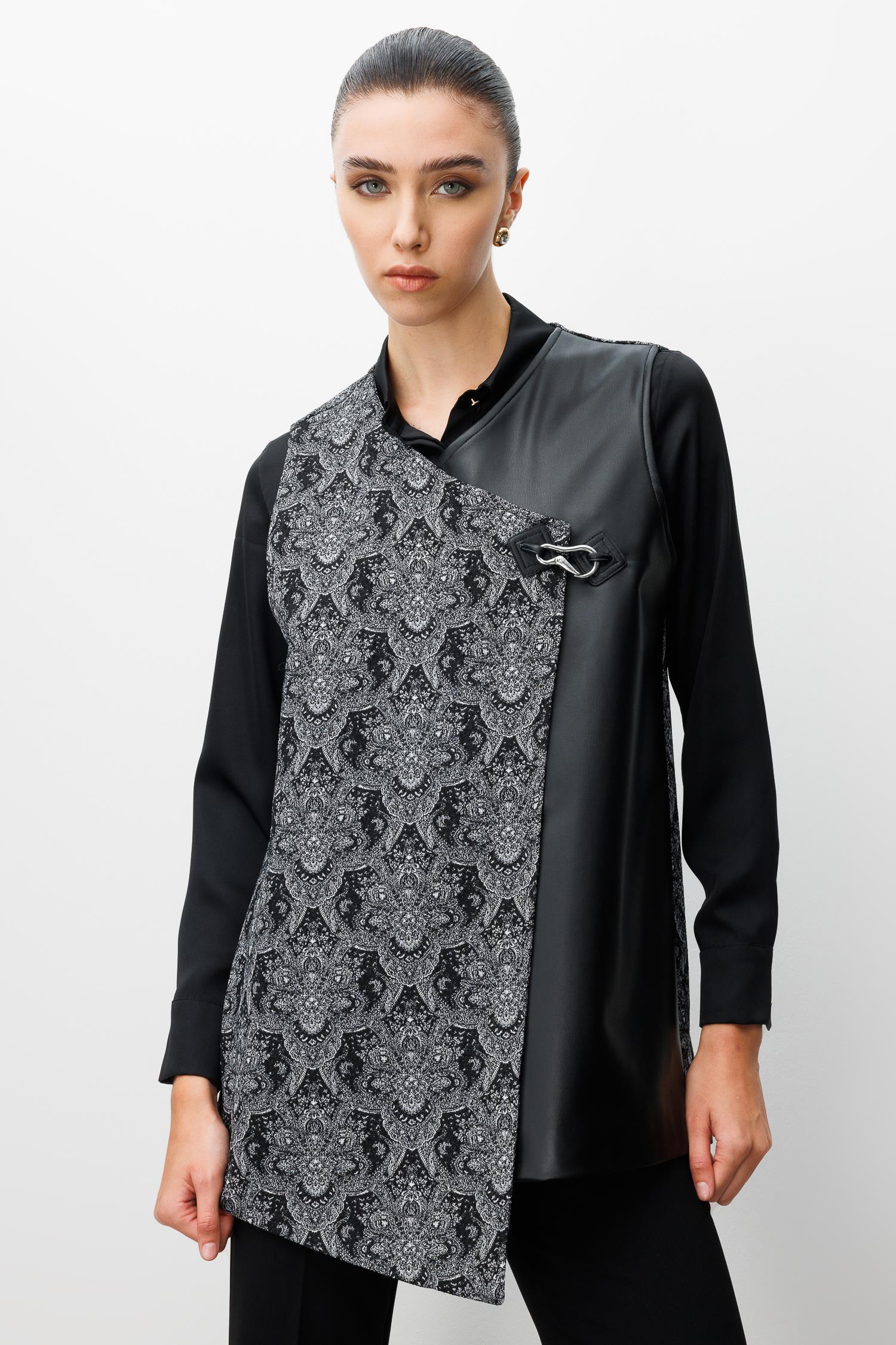 Modailgi  Deri Kumaş Garnili Klapa Kapamalı Asimetrik Jakar Yelek Siyah