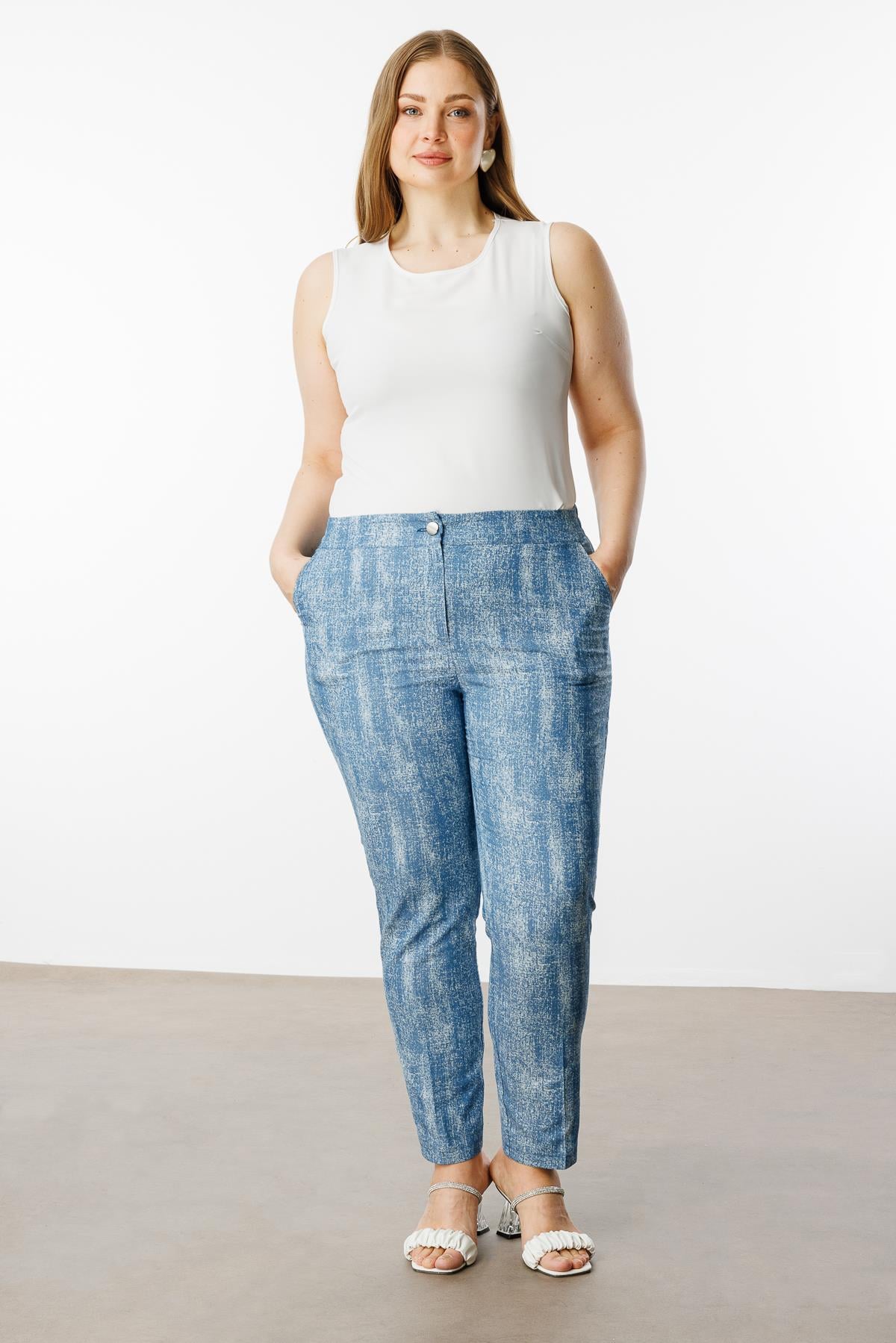 Modailgi  Desenli Tencel Pantolon - 40262,40205 İndigo