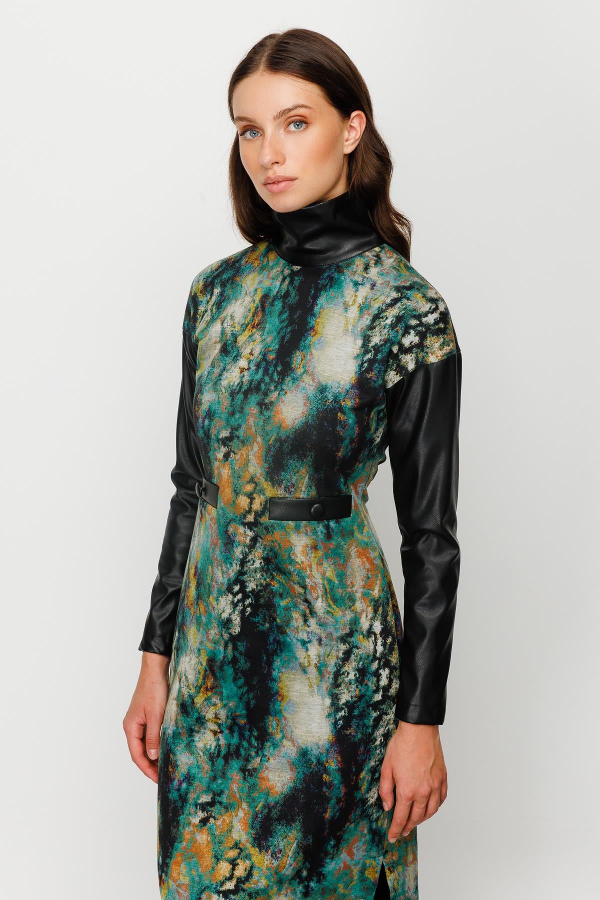 Modailgi  Dik Yaka Formlu Emprime Uzun Elbise Yeşil