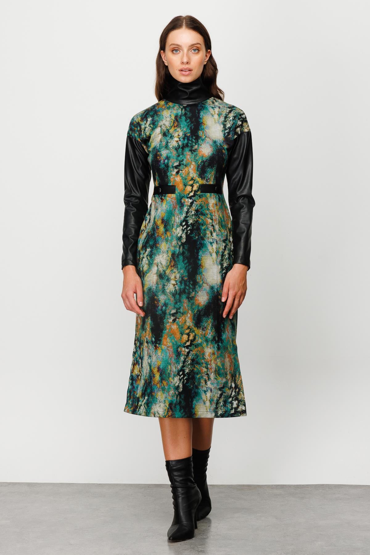 Modailgi  Dik Yaka Formlu Emprime Uzun Elbise Yeşil