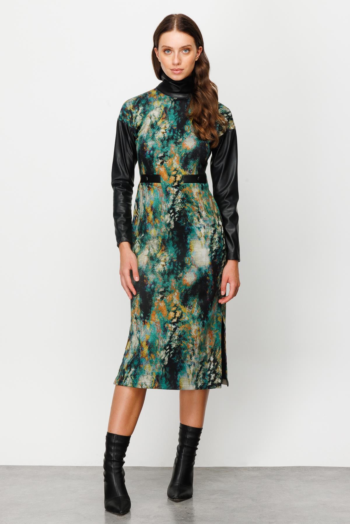 Modailgi  Dik Yaka Formlu Emprime Uzun Elbise Yeşil