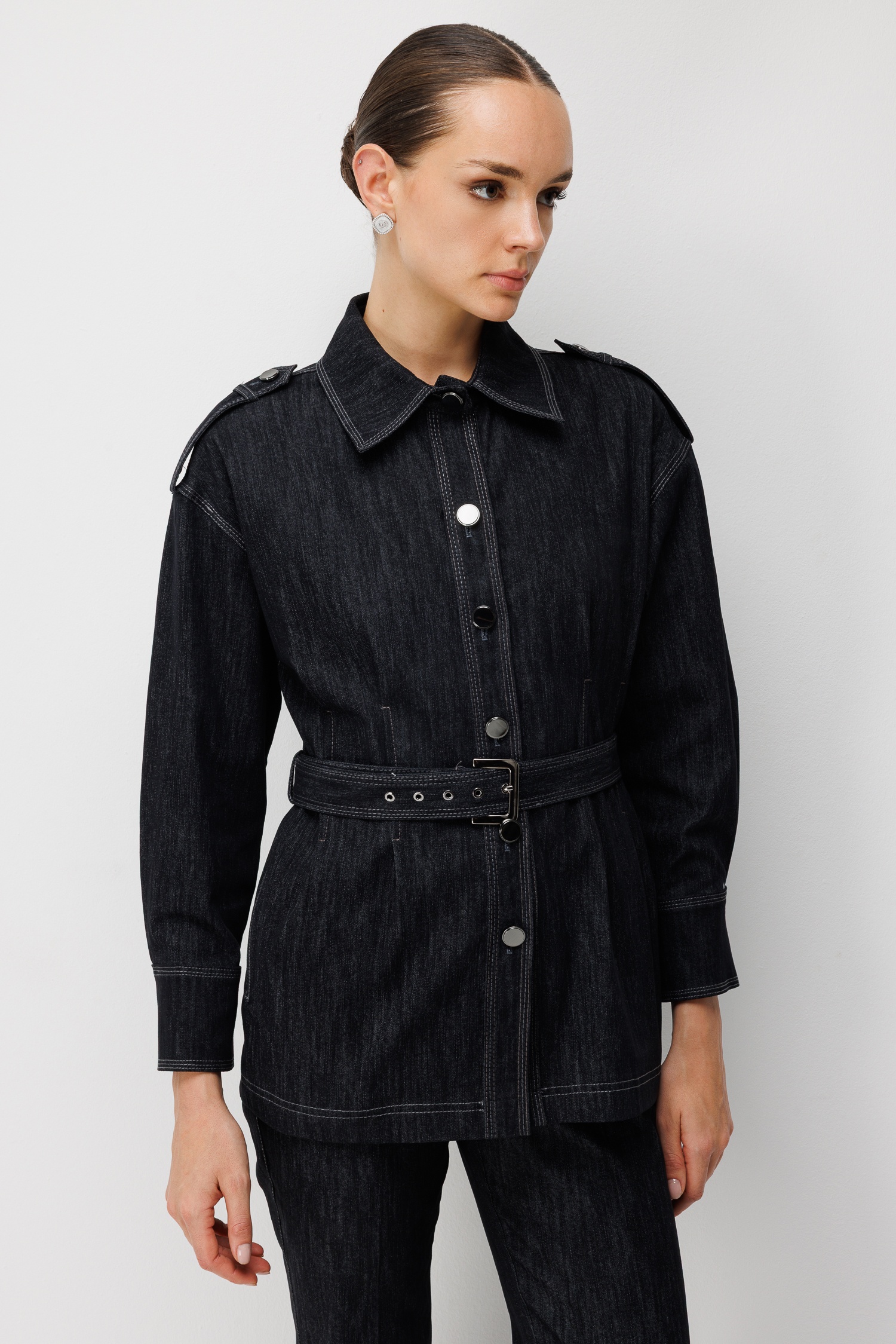 Modailgi  Düğme Kapamalı Beli Kemerli Denim Ceket - 40130 Siyah