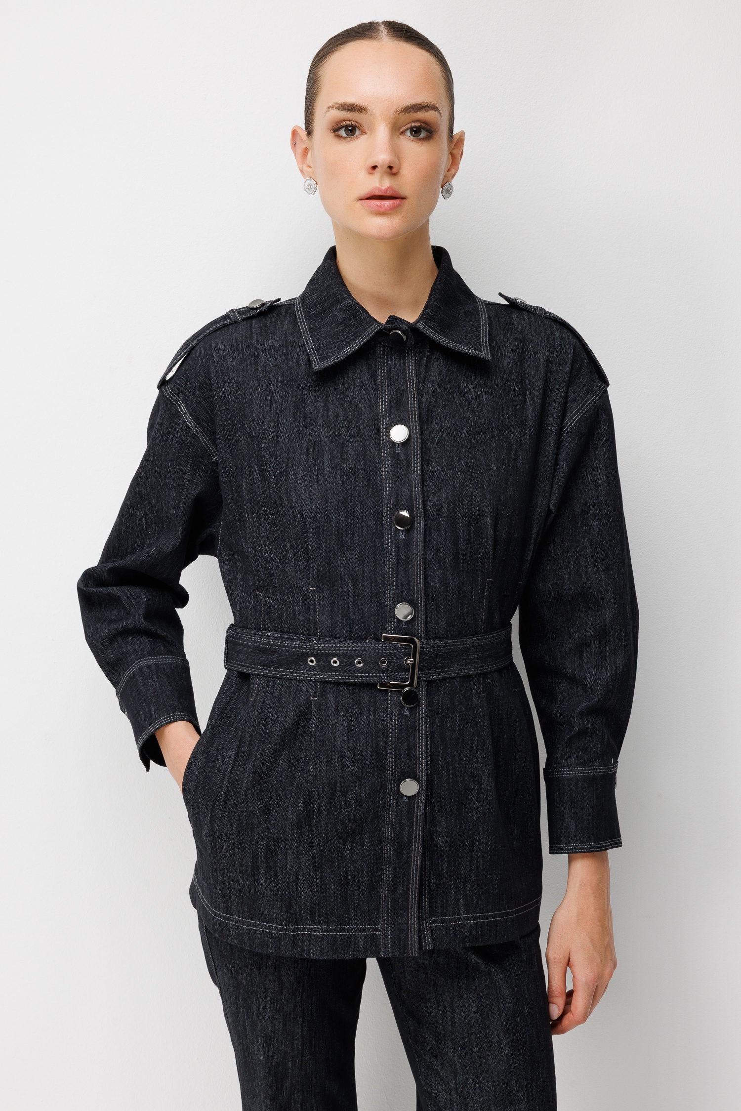 Modailgi  Düğme Kapamalı Beli Kemerli Denim Ceket - 40130 Siyah