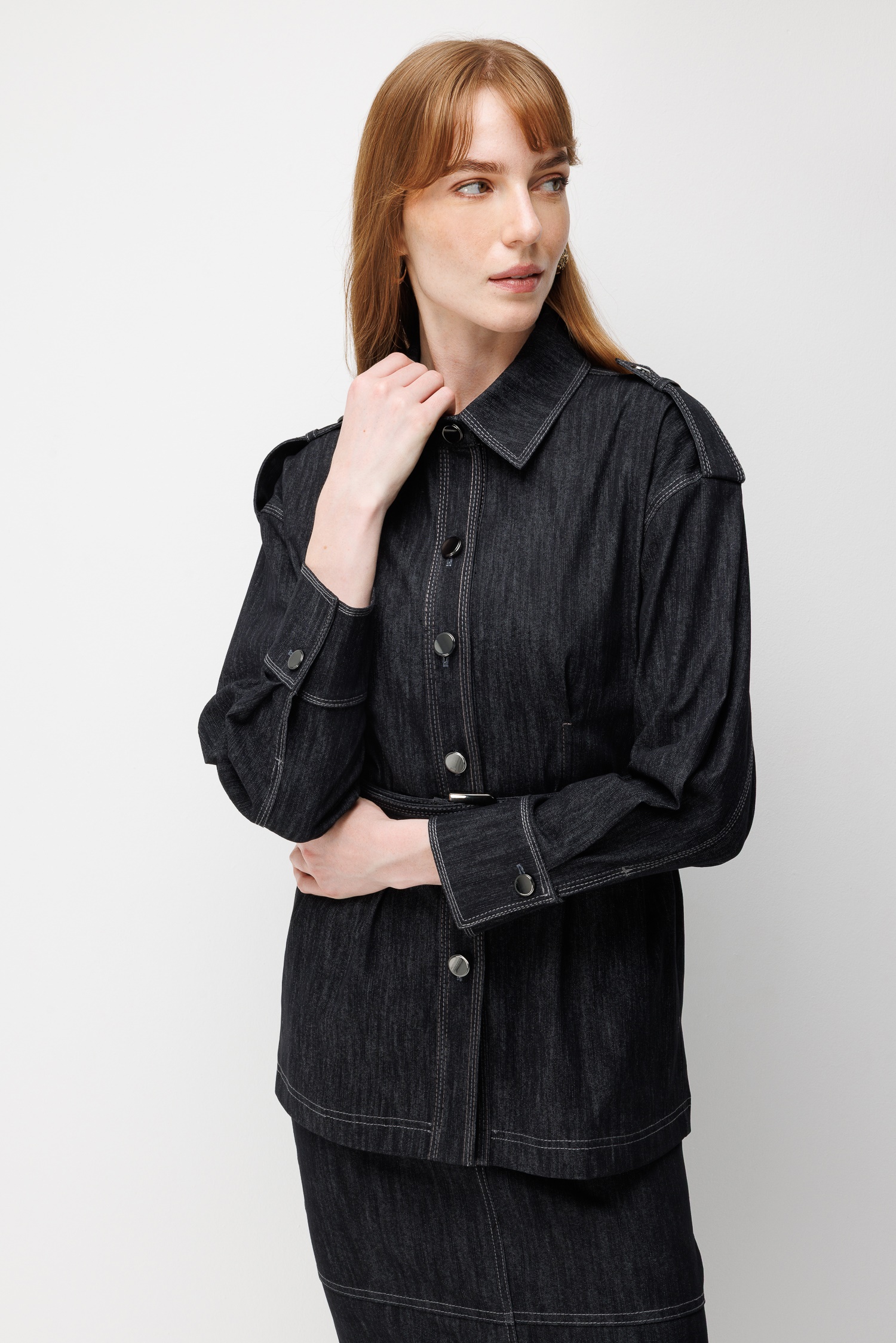 Modailgi  Düğme Kapamalı Beli Kemerli Denim Ceket - 40130 Siyah