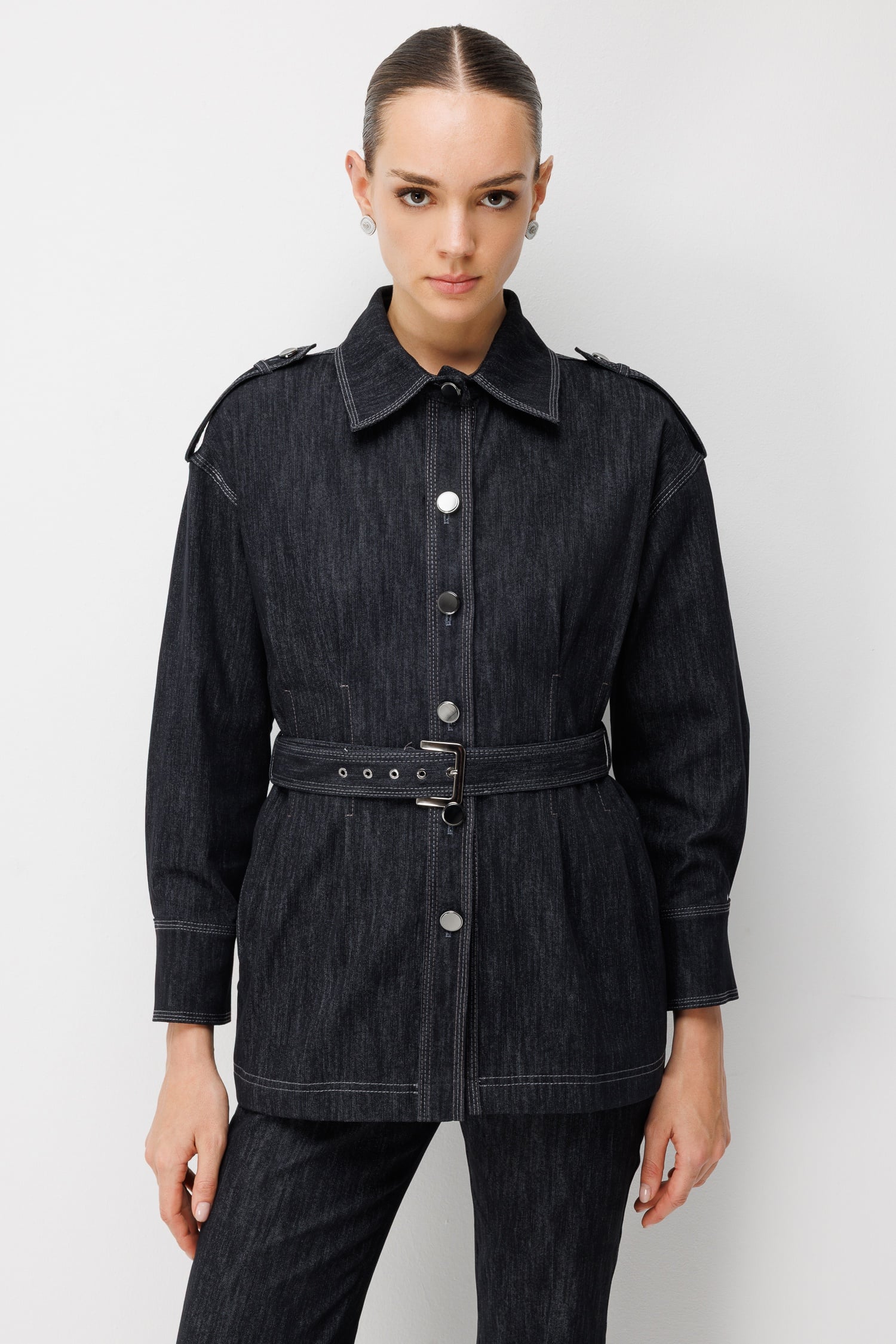 Modailgi  Düğme Kapamalı Beli Kemerli Denim Ceket - 40130 Siyah