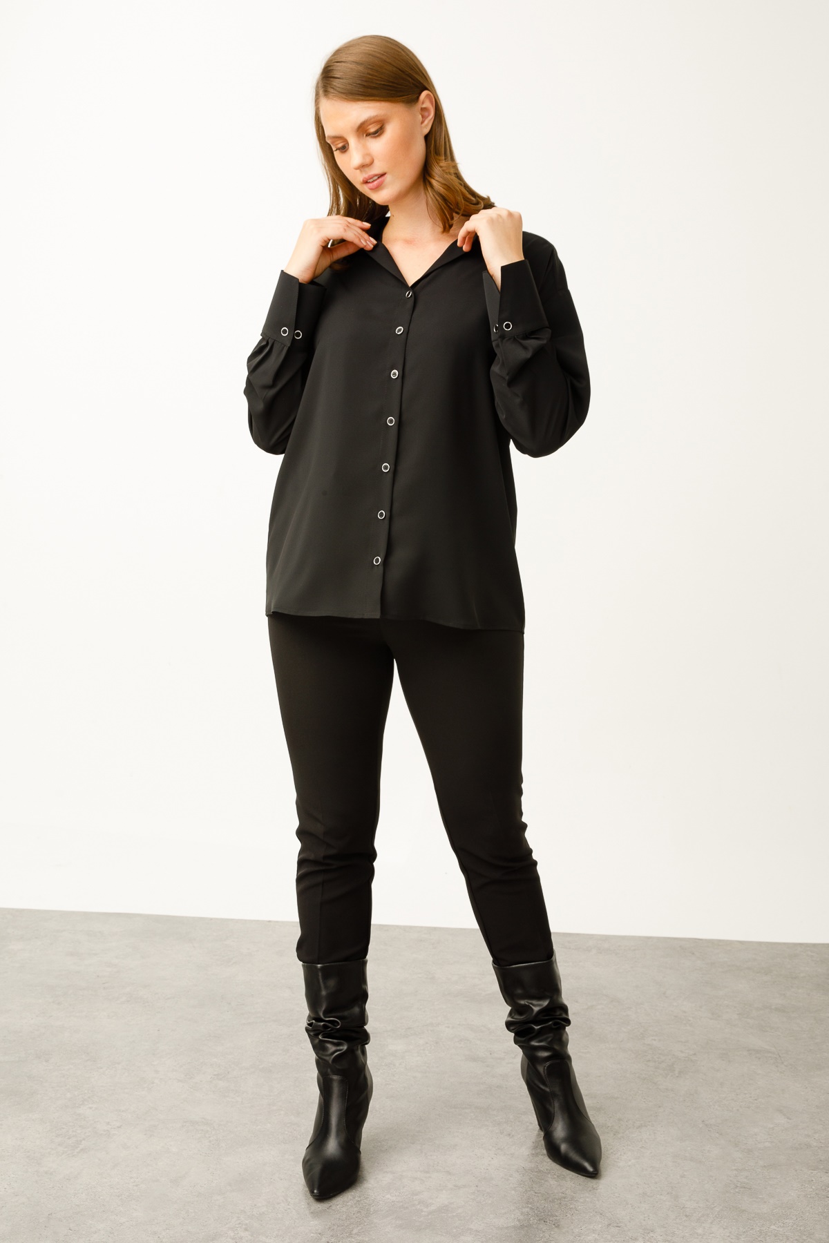 Modailgi  Düşük Omuz Salaş Gömlek Siyah