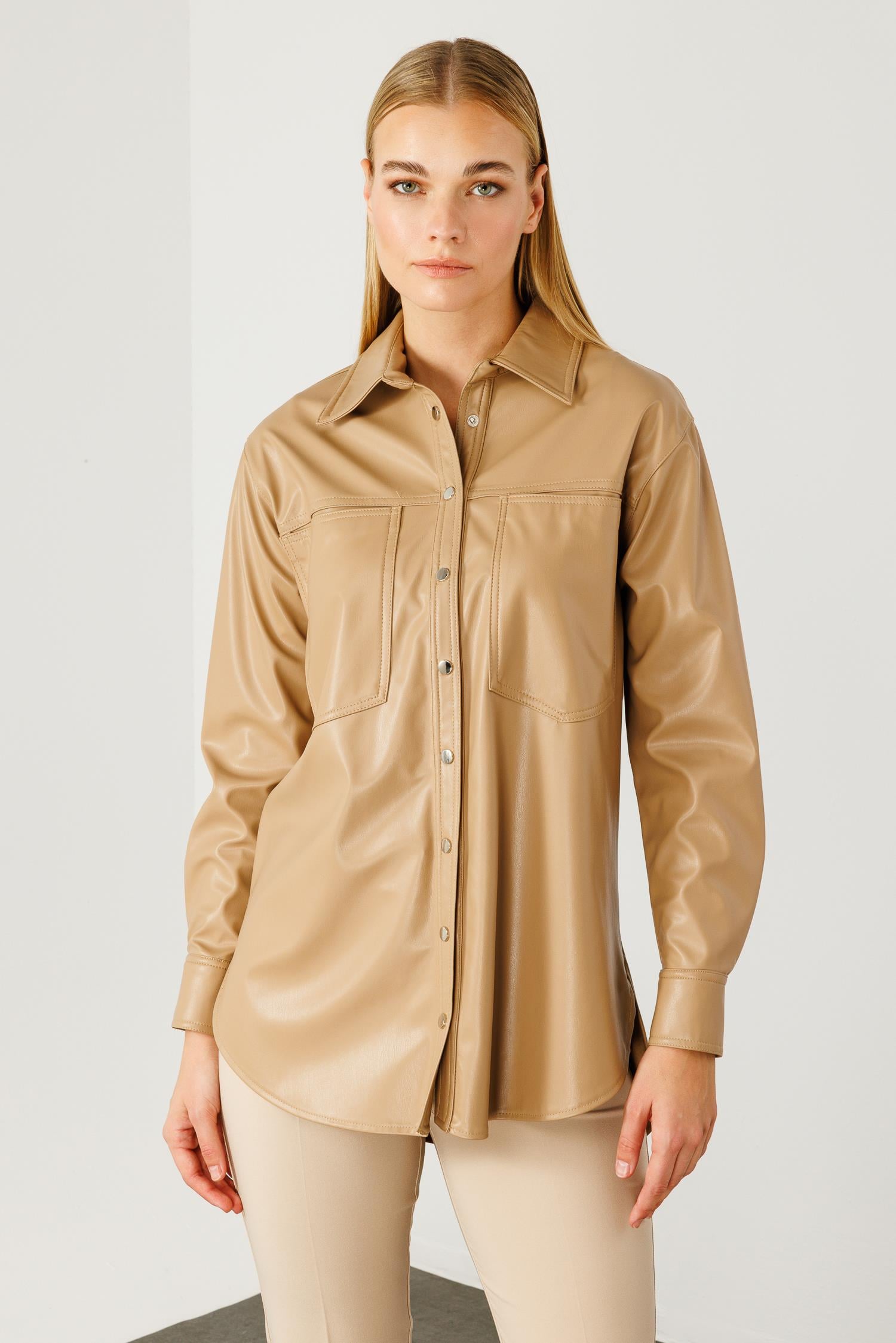 Modailgi  Düşük Omuzlu Deri Gömlek Camel