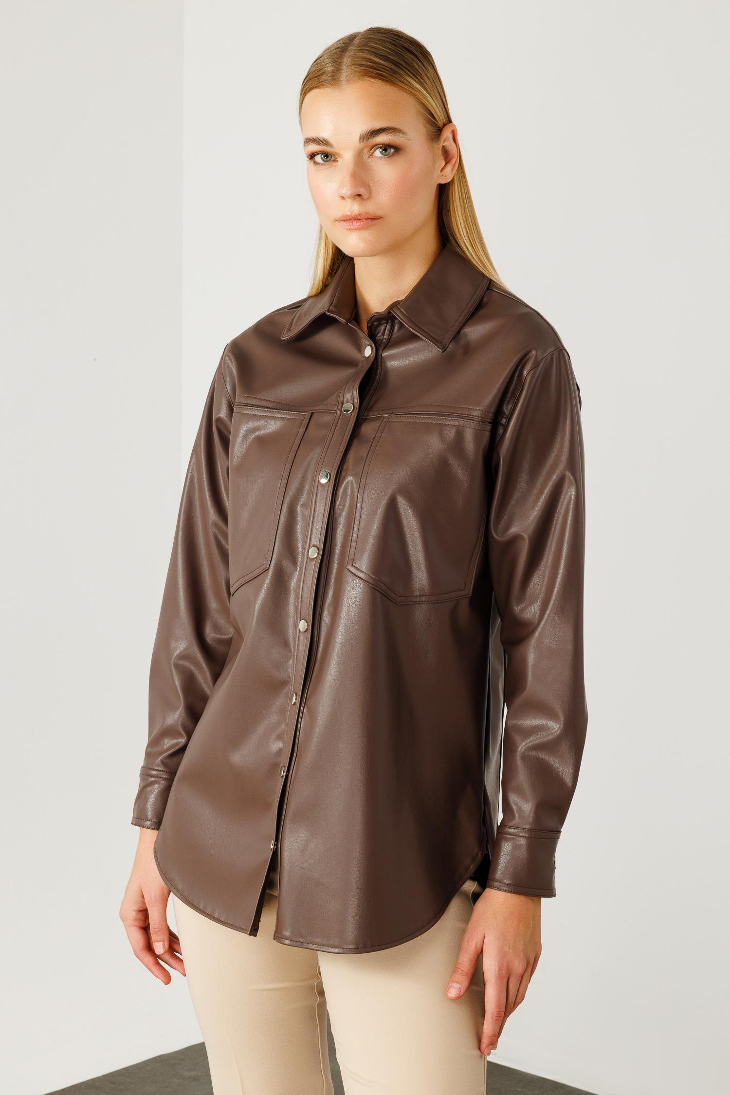 Modailgi  Düşük Omuzlu Deri Gömlek Kahve