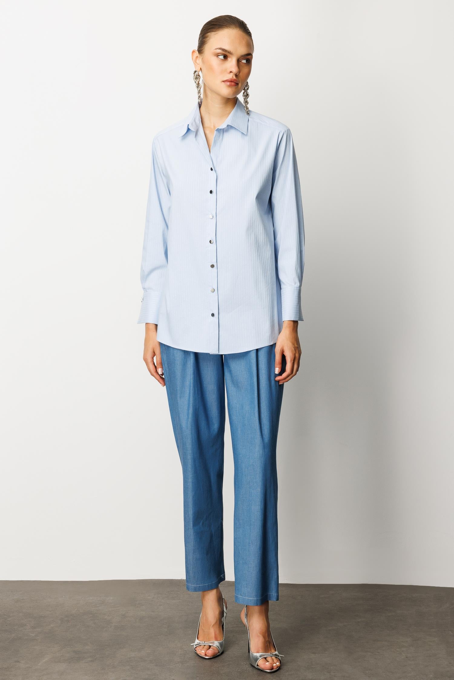 Modailgi  Düşük Omuzlu Simli Gömlek Mavi