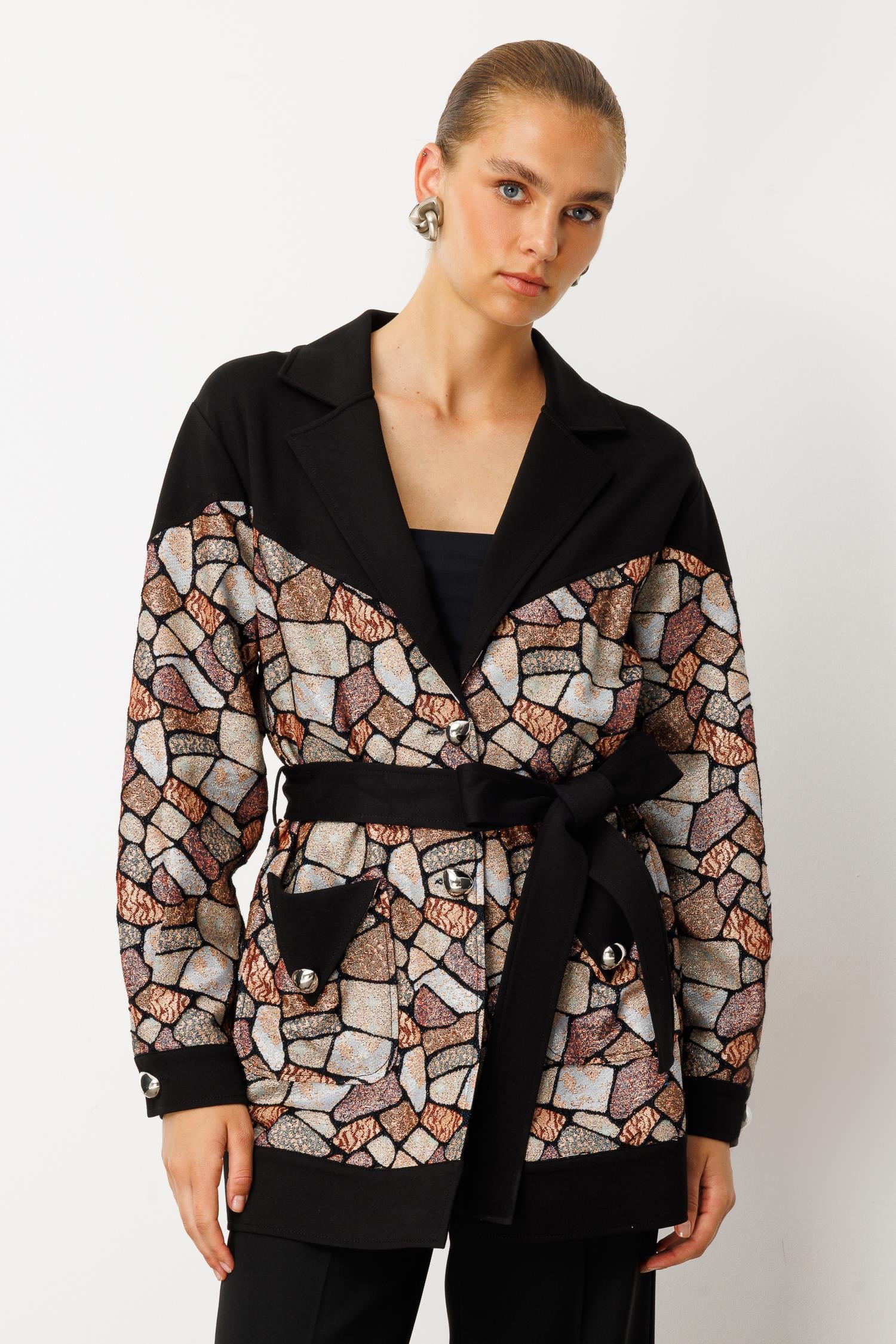 Modailgi  Düz Çelik Örme Kumaş Garnili Belden Kuşaklı Jakar Tunik Siyah