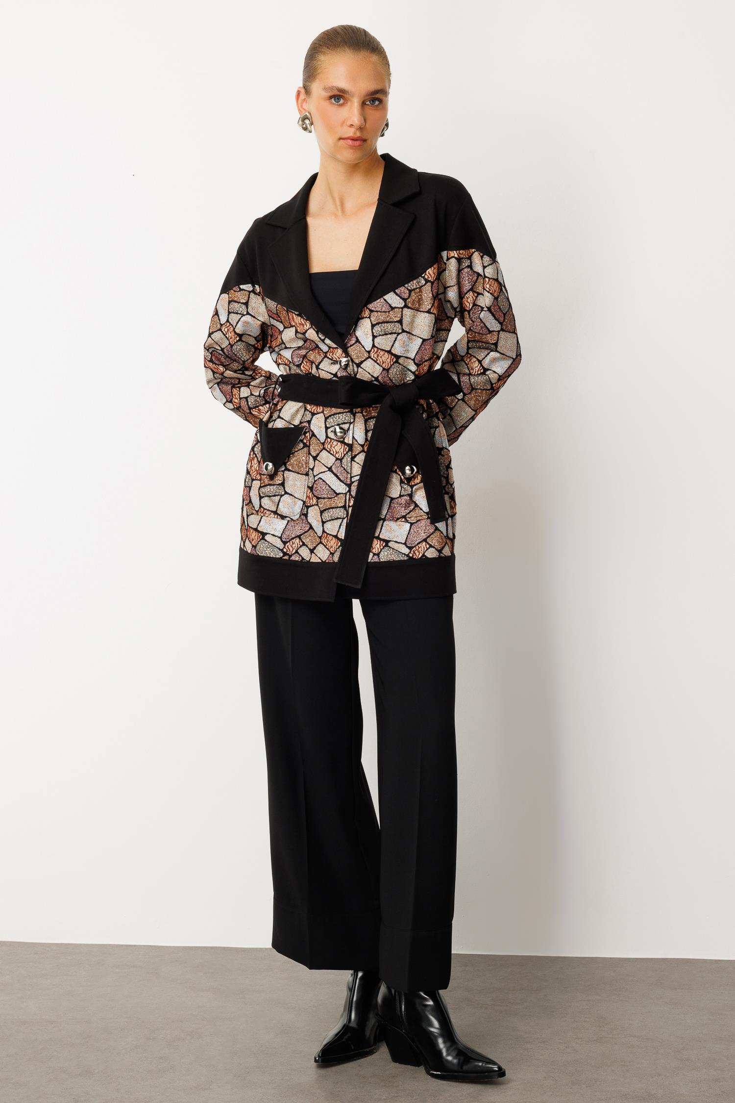 Modailgi  Düz Çelik Örme Kumaş Garnili Belden Kuşaklı Jakar Tunik Siyah