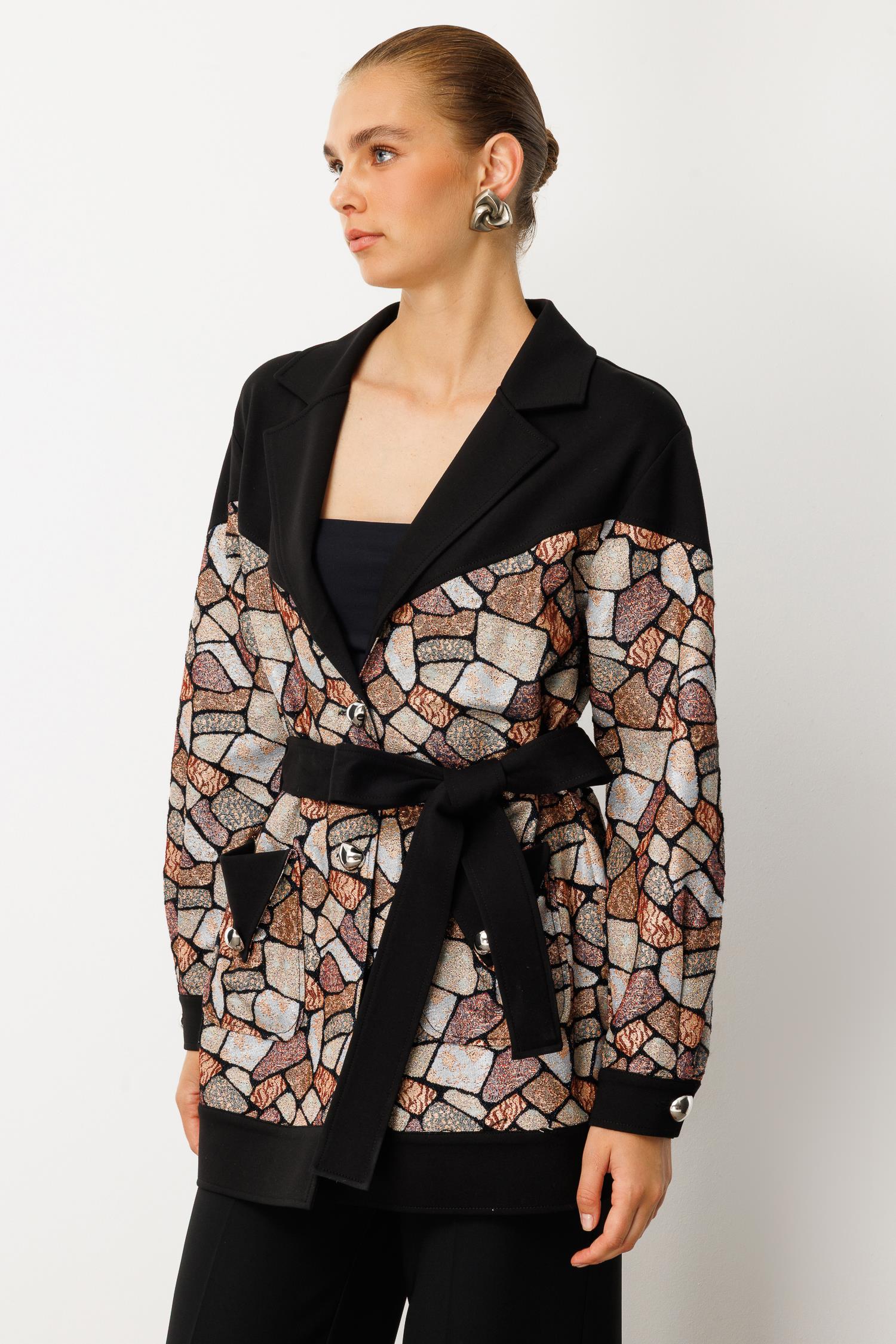 Modailgi  Düz Çelik Örme Kumaş Garnili Belden Kuşaklı Jakar Tunik Siyah