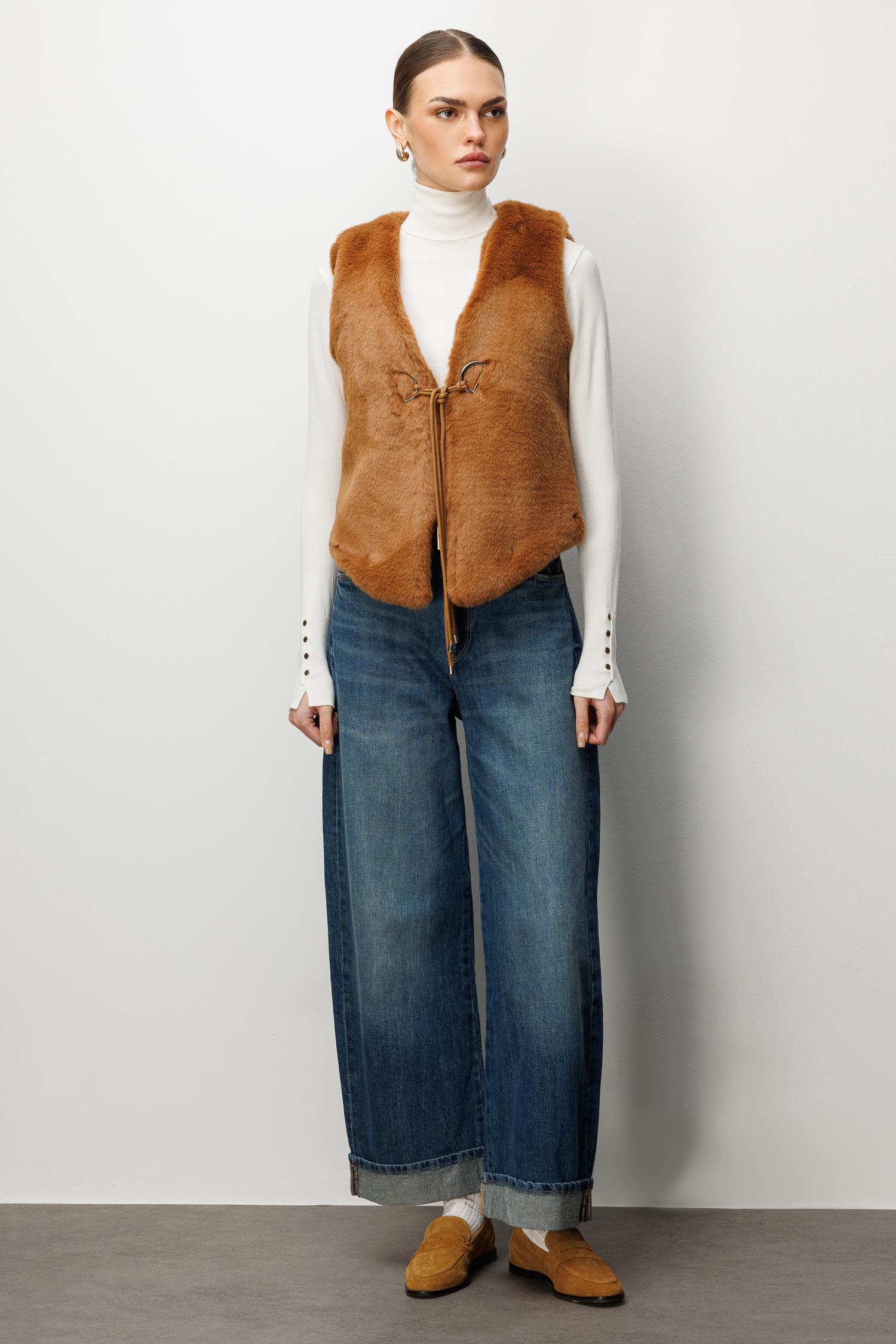 Modailgi  Düz Kısa Peluş Yelek Taba