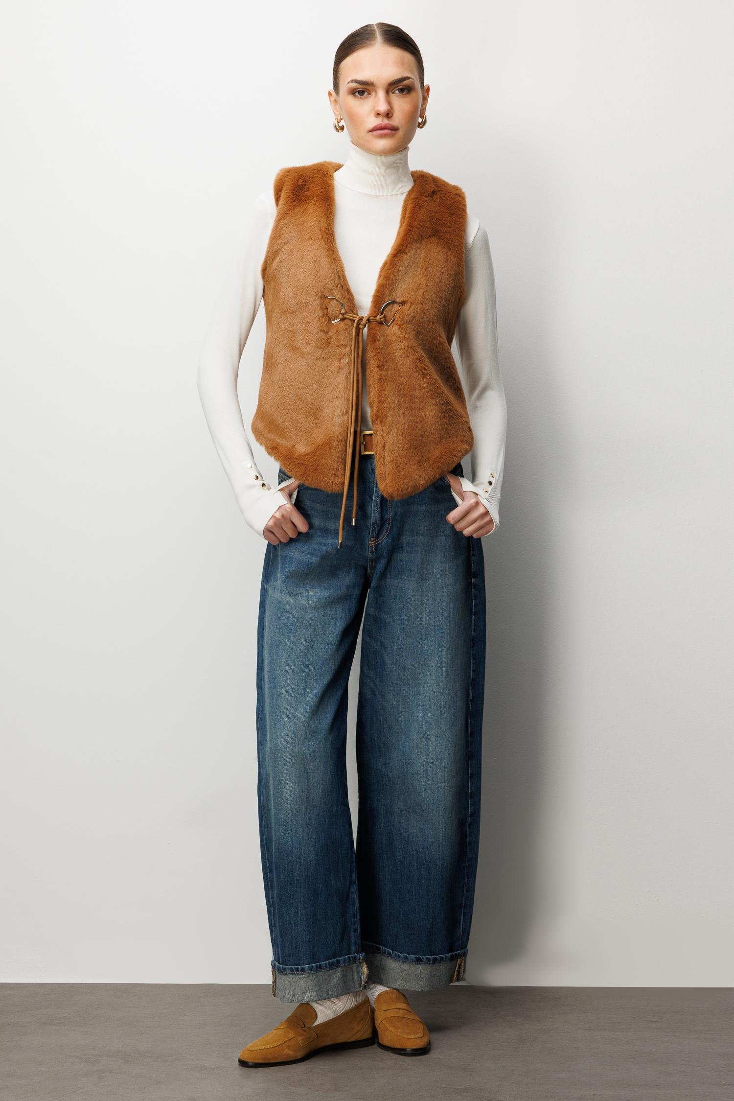 Modailgi  Düz Kısa Peluş Yelek Taba