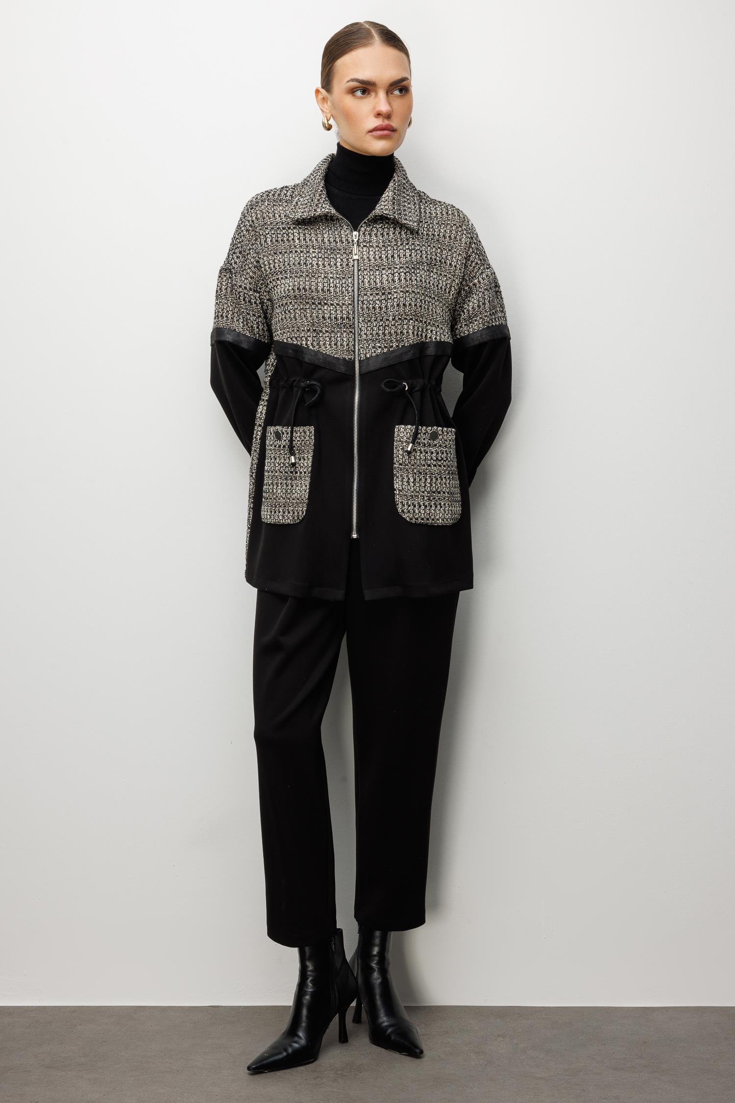 Modailgi  Düz Kumaş Garni Detaylı Düşük Omuz Beli Tünel Bağcıklı Oversize Tunik - 40051 Siyah