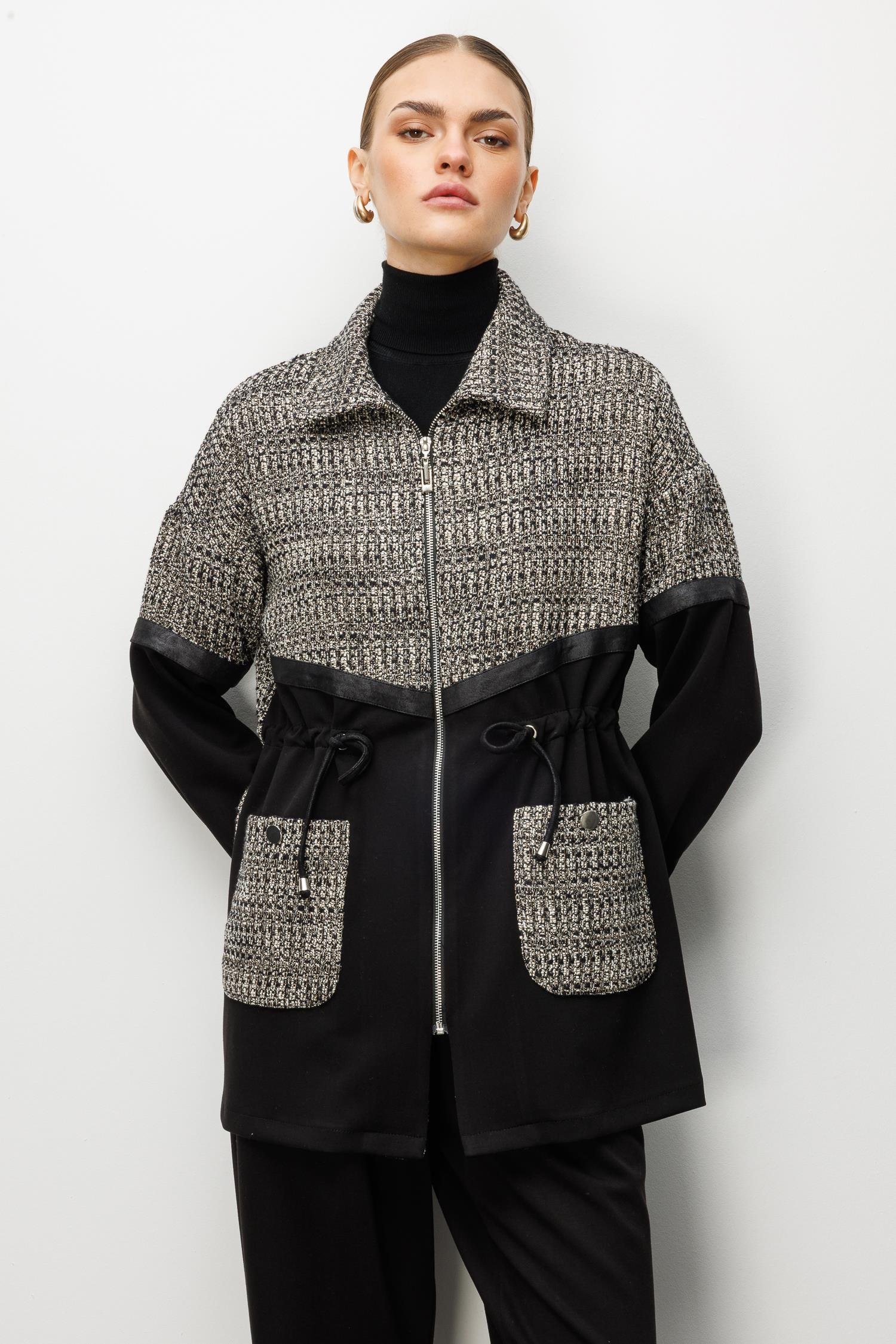 Modailgi  Düz Kumaş Garni Detaylı Düşük Omuz Beli Tünel Bağcıklı Oversize Tunik - 40051 Siyah