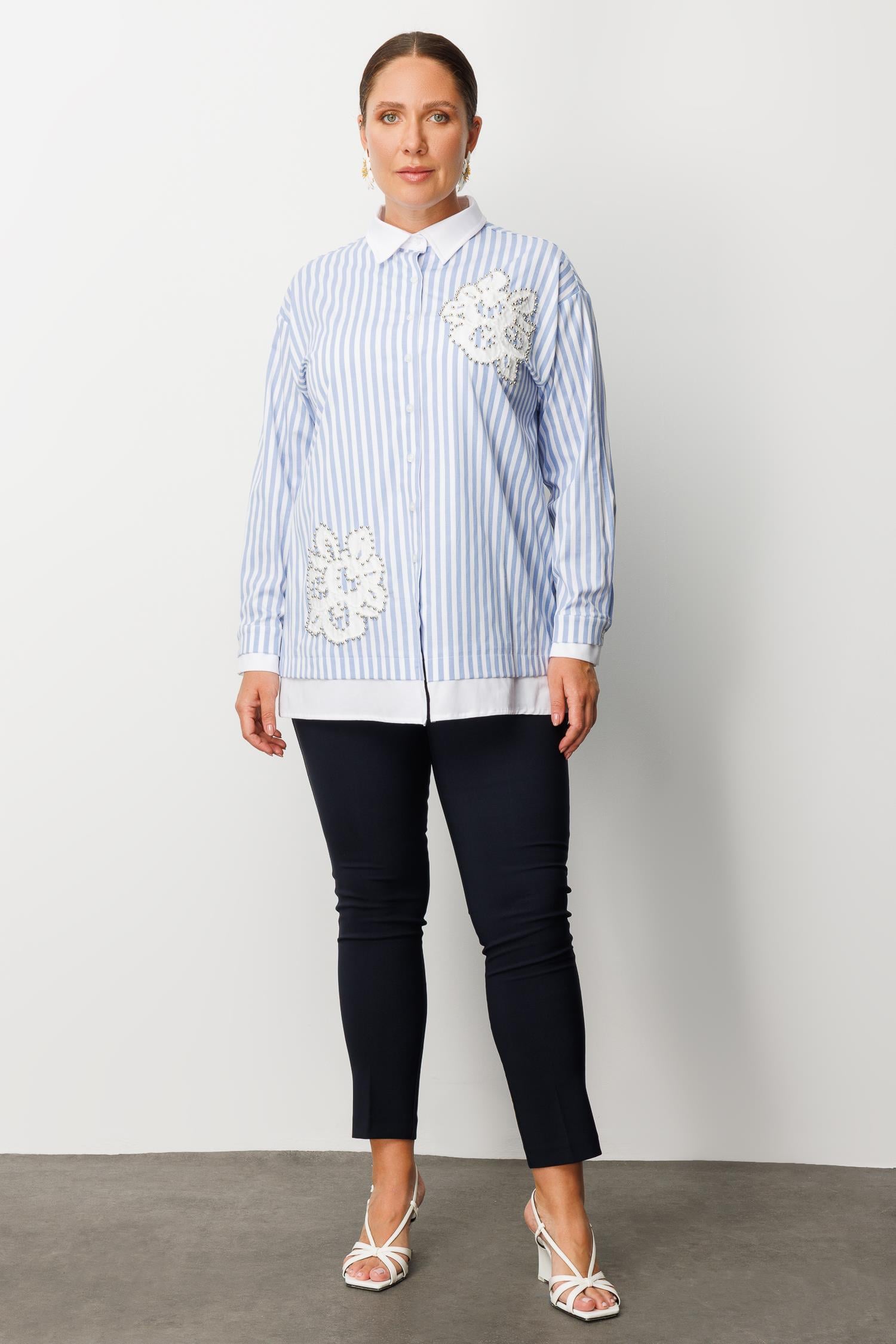 Modailgi  Düz Kumaş Garnili Nakış Aplike ve İnci Detaylı Gömlek Mavi