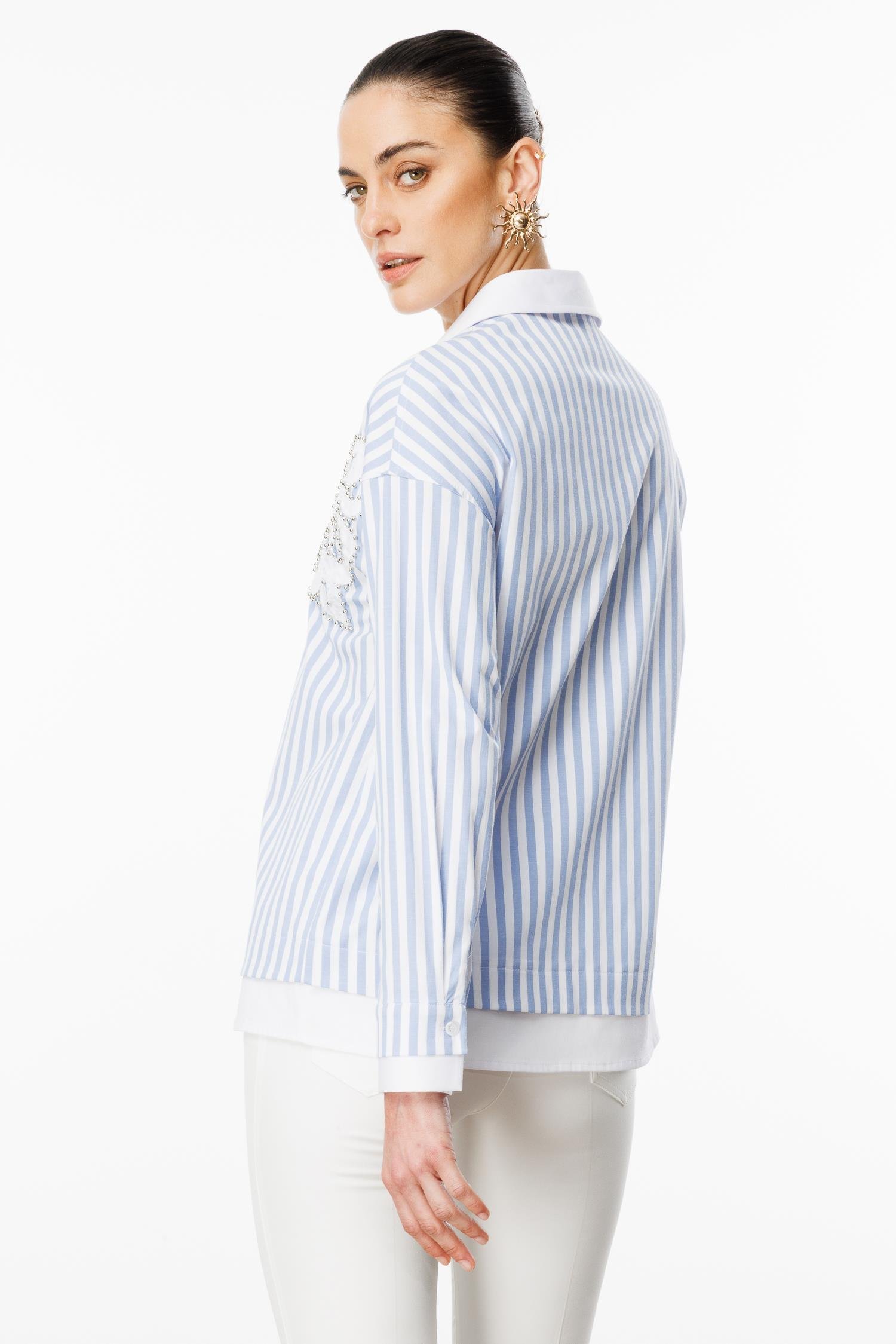 Modailgi  Düz Kumaş Garnili Nakış Aplike ve İnci Detaylı Gömlek Mavi