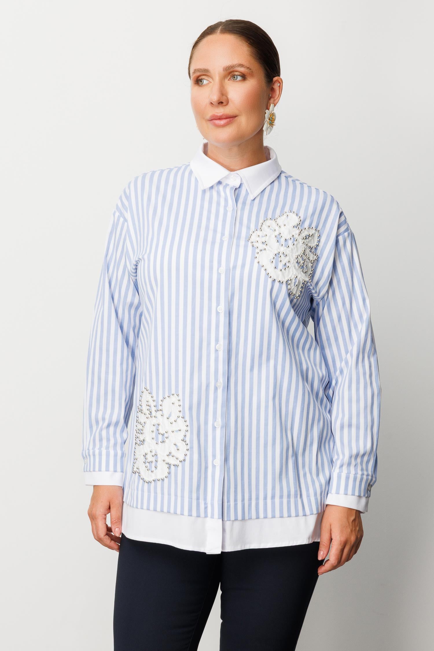 Modailgi  Düz Kumaş Garnili Nakış Aplike ve İnci Detaylı Gömlek Mavi