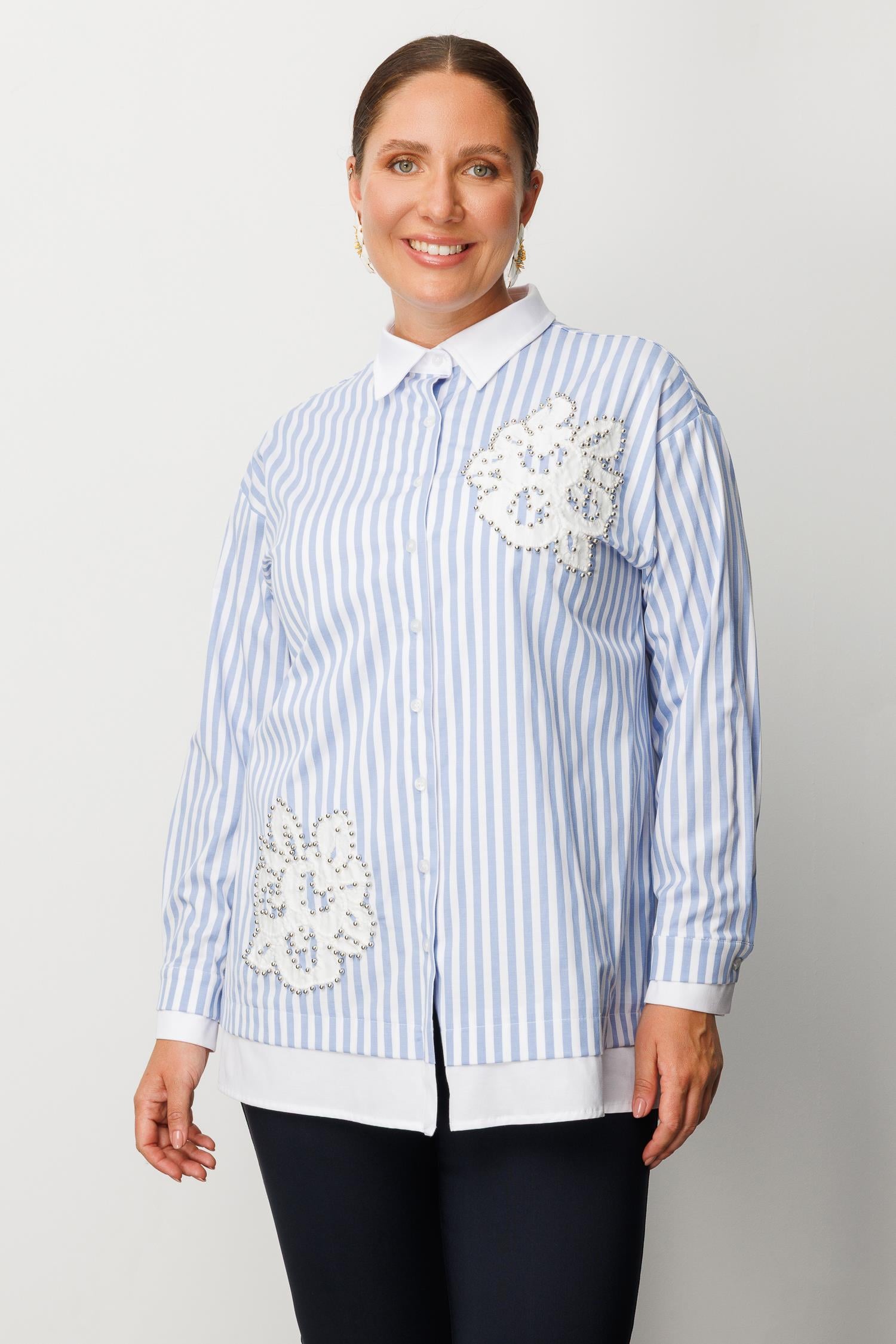 Modailgi  Düz Kumaş Garnili Nakış Aplike ve İnci Detaylı Gömlek Mavi