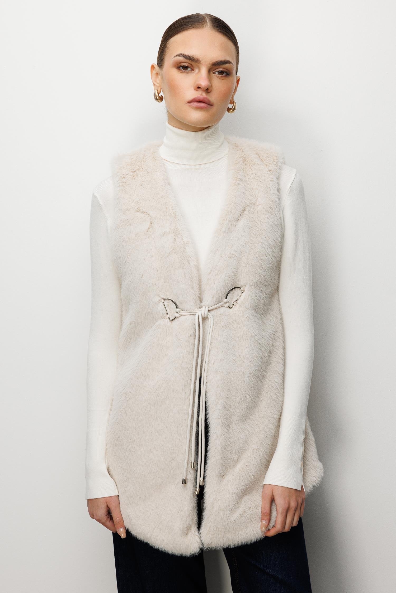 Modailgi  Düz Uzun Peluş Yelek Kemik