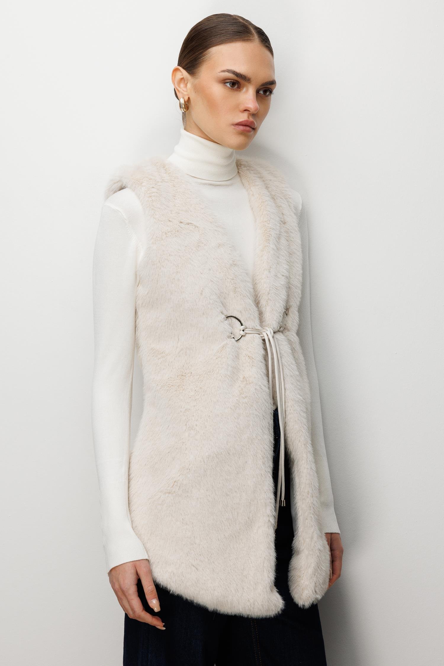 Modailgi  Düz Uzun Peluş Yelek Kemik