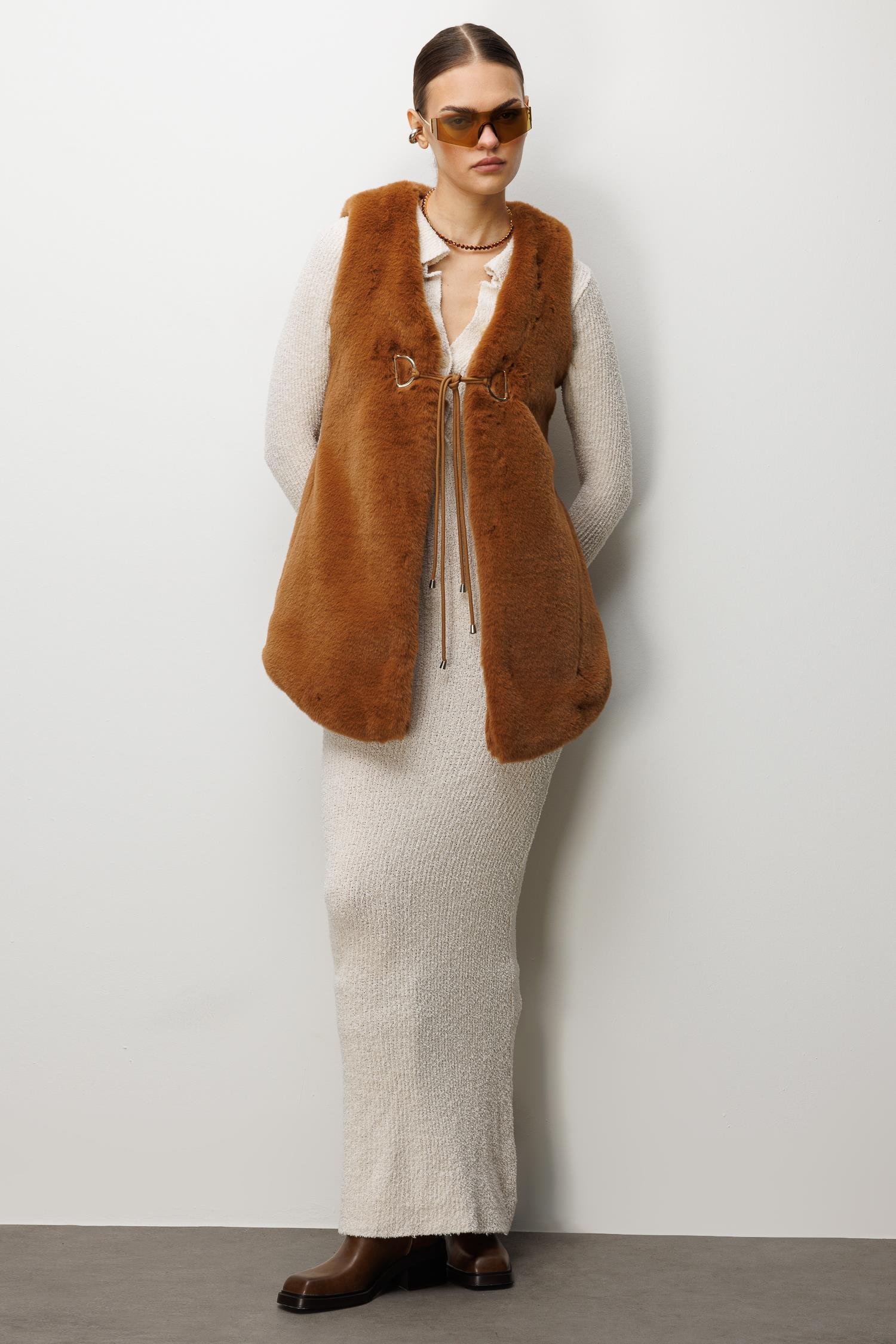 Modailgi  Düz Uzun Peluş Yelek Taba