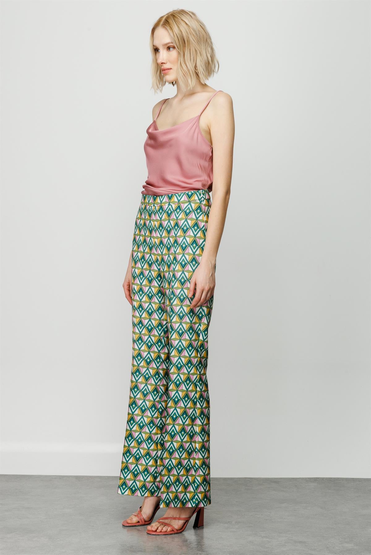 Modailgi  Emprime Desen İspanyol Paça Pantolon Yeşil