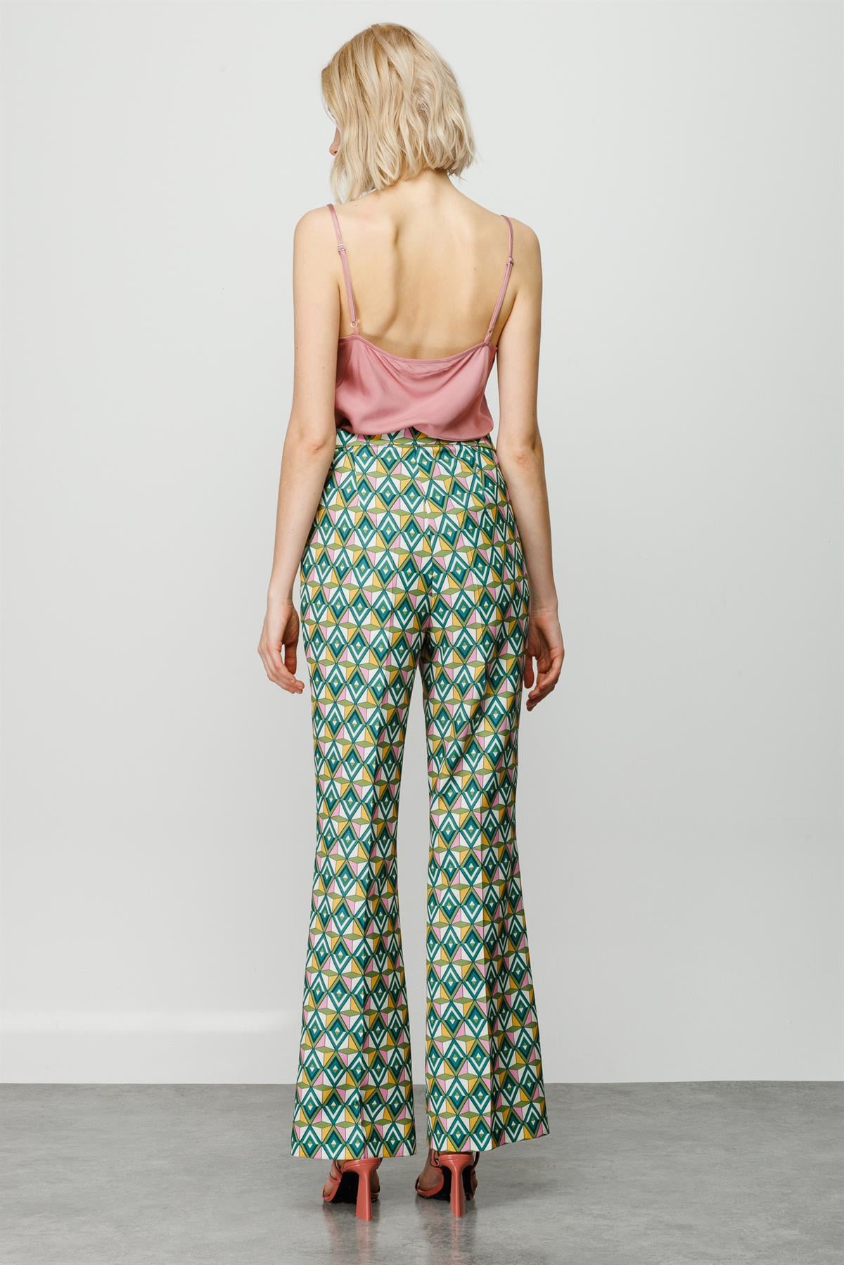 Modailgi  Emprime Desen İspanyol Paça Pantolon Yeşil