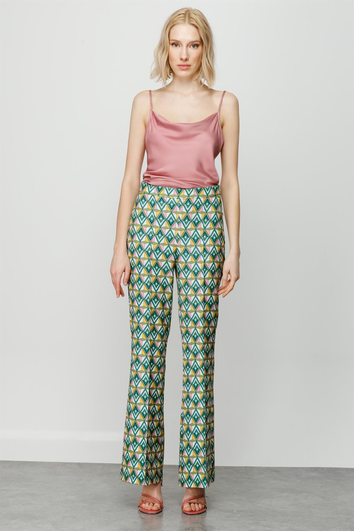 Modailgi  Emprime Desen İspanyol Paça Pantolon Yeşil