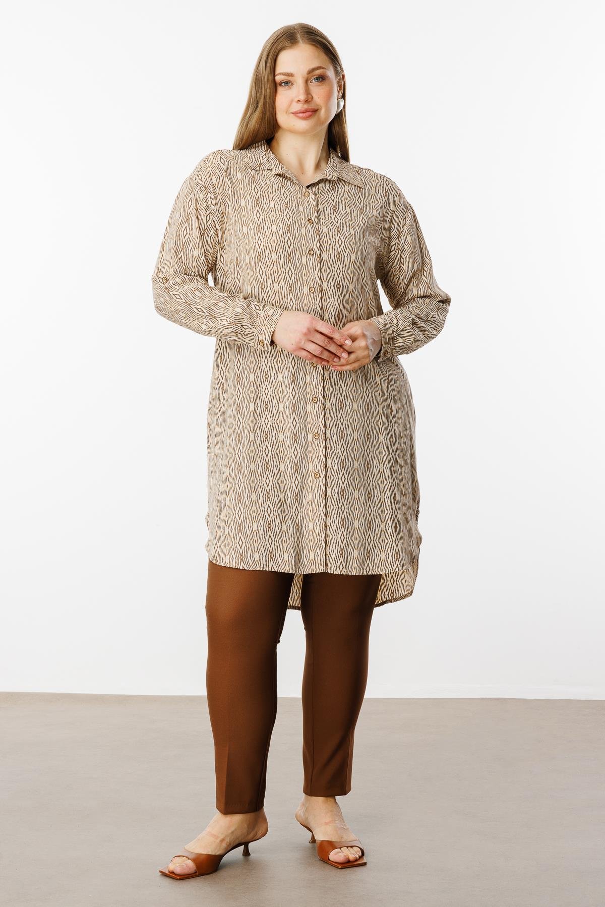 Modailgi  Emprime Desenli Uzun Tunik Bej