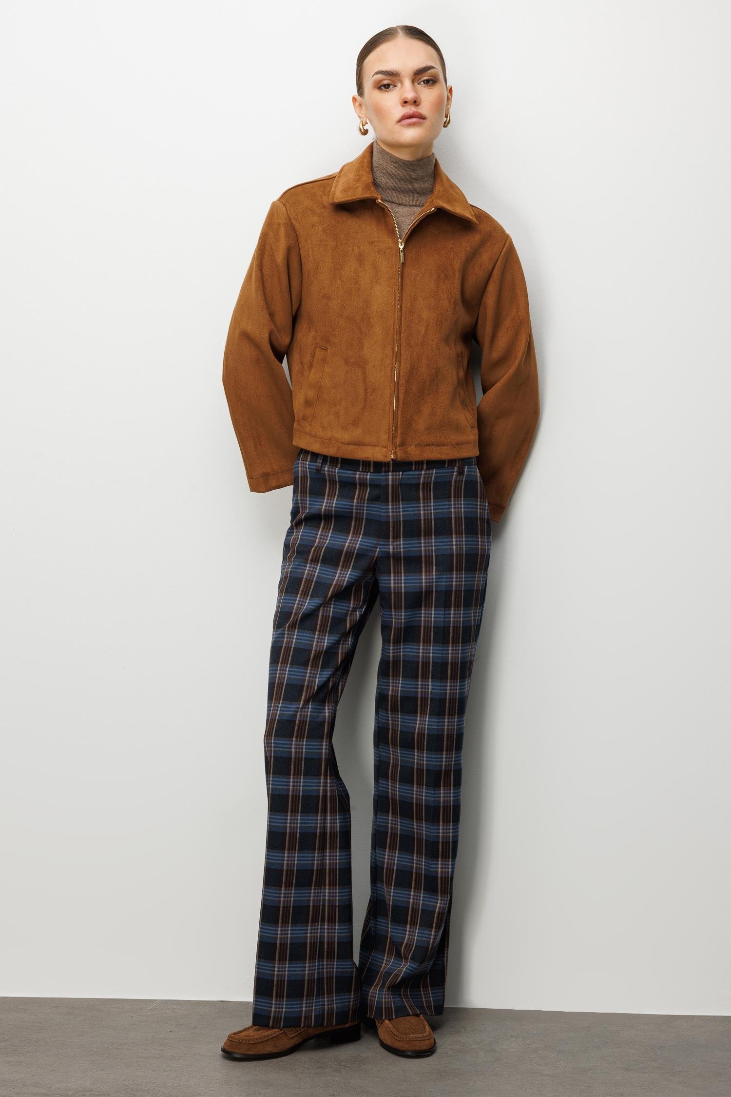 Modailgi  Erkek Yaka Fermuar Kapamalı Süet Mont Taba