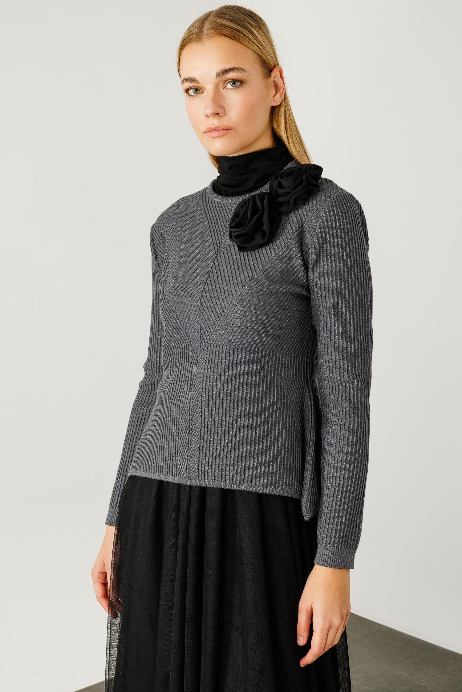 Modailgi  Eteği Asimetrik Tüllü Trikolu Elbise Gri