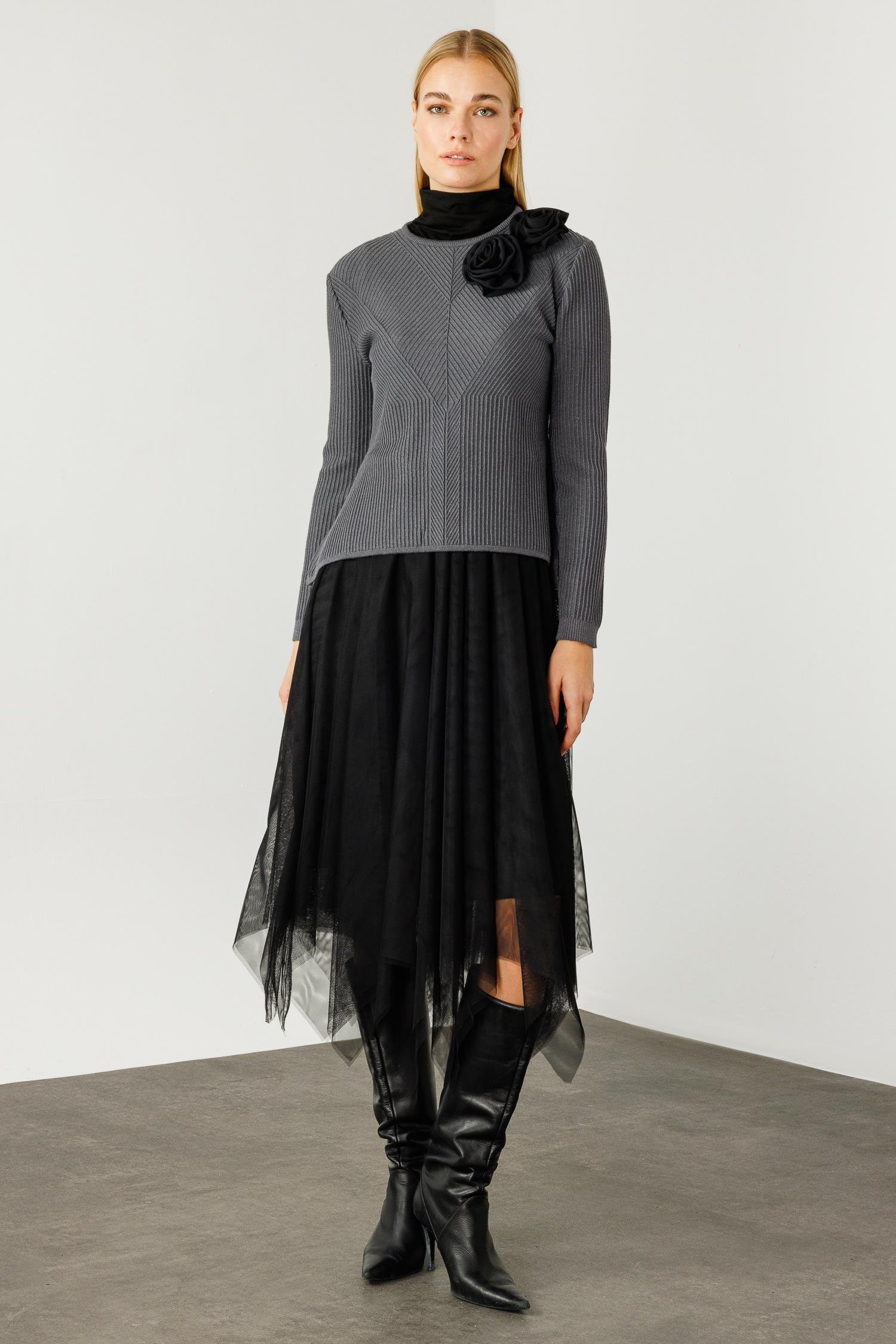 Modailgi  Eteği Asimetrik Tüllü Trikolu Elbise Gri