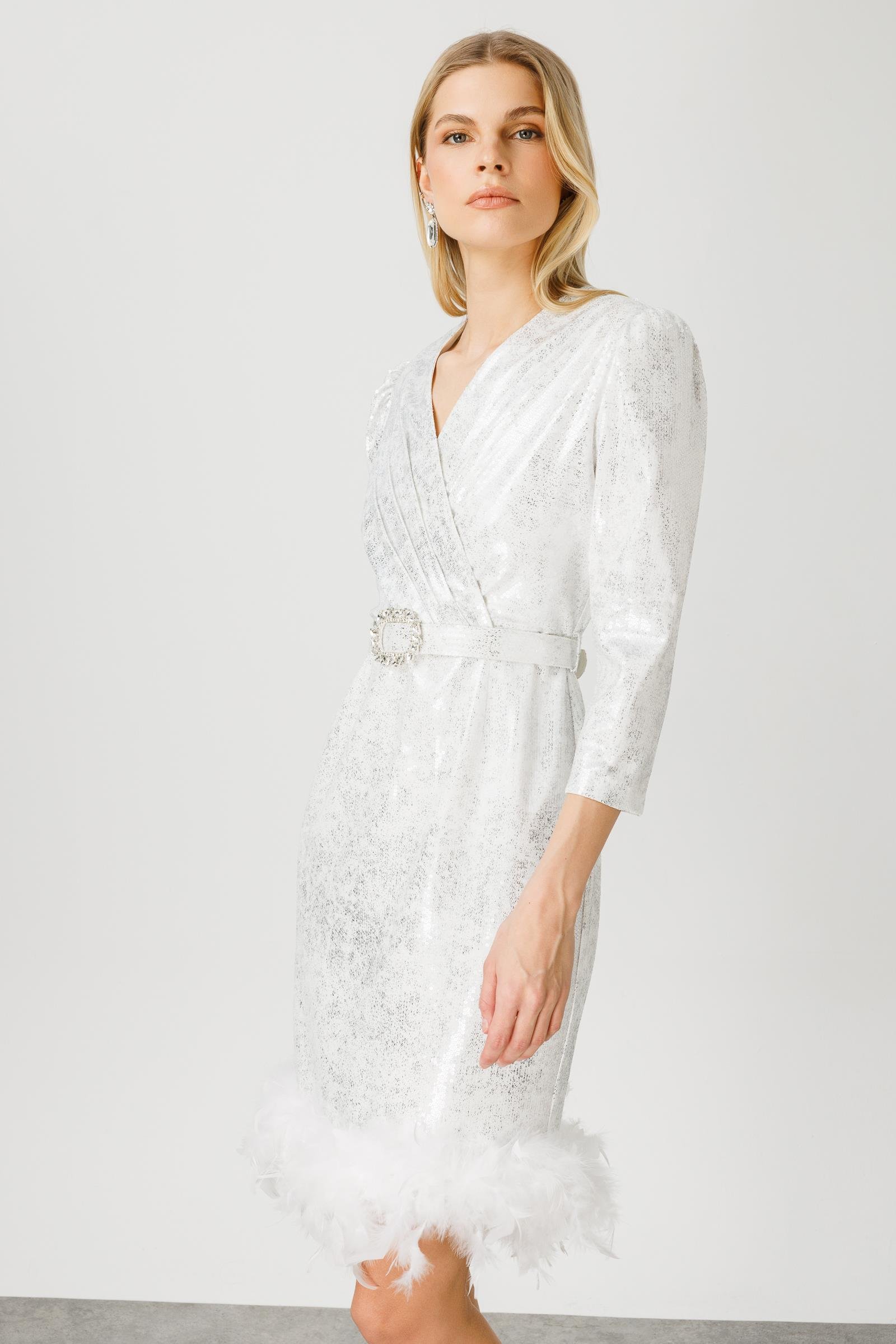 Modailgi  Eteği Otrişli Kısa Payet Elbise Ekru