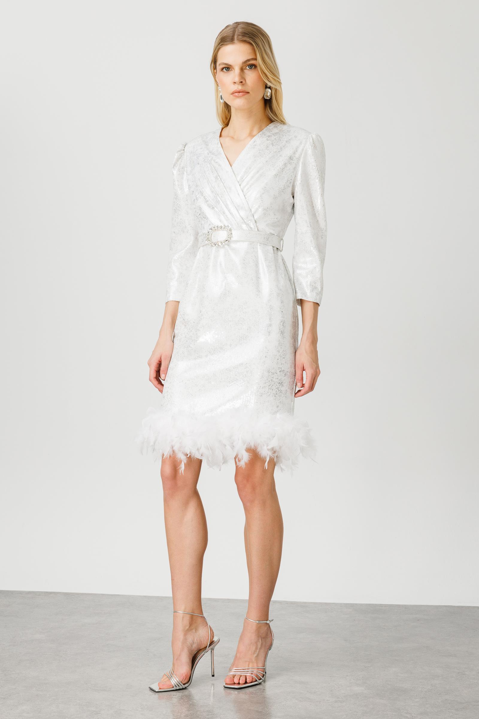 Modailgi  Eteği Otrişli Kısa Payet Elbise Ekru