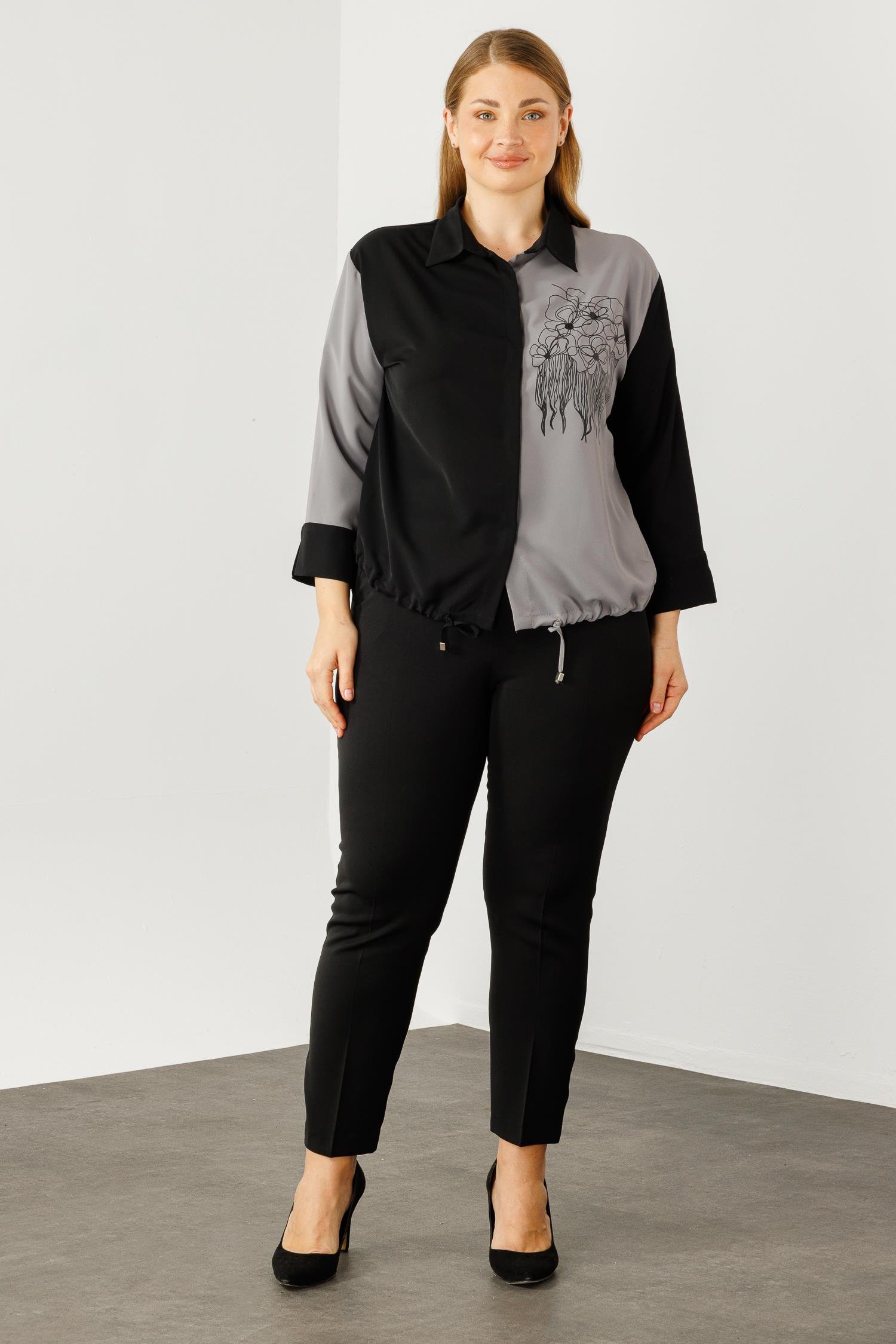 Modailgi  Etek Ucu Büzgülü Çiçek Baskılı Bluz Gri