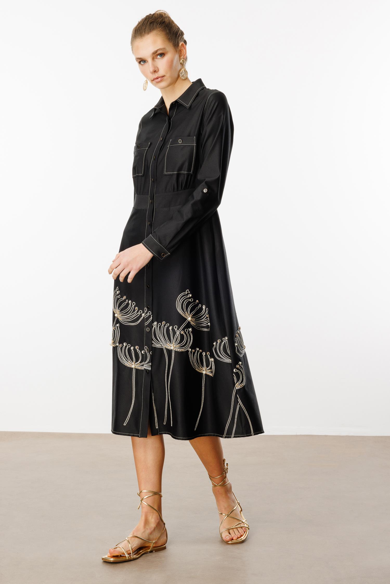 Modailgi  Etek Ucu Nakış İnci İşlemeli Cepli Elbise Orijinal