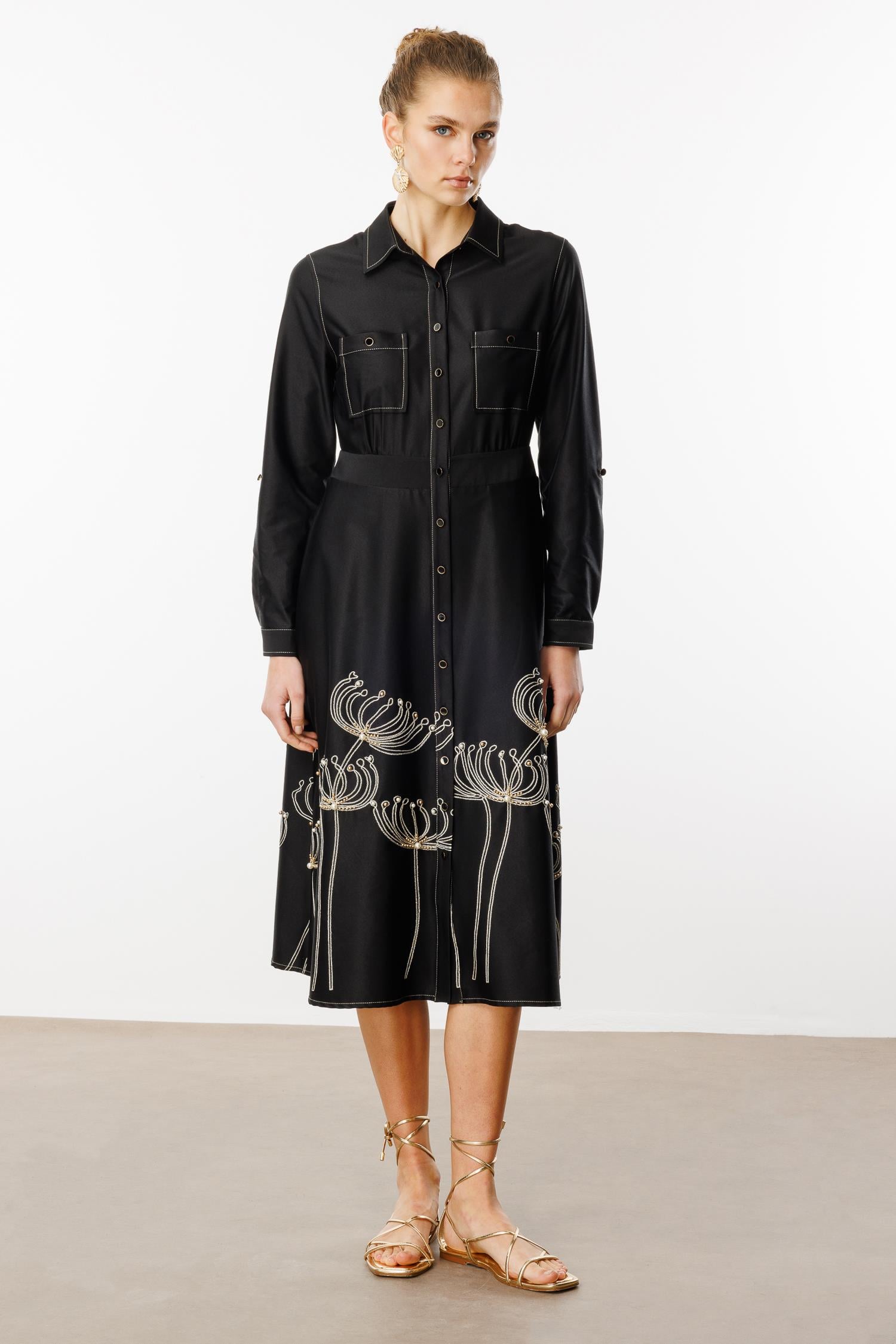 Modailgi  Etek Ucu Nakış İnci İşlemeli Cepli Elbise Orijinal