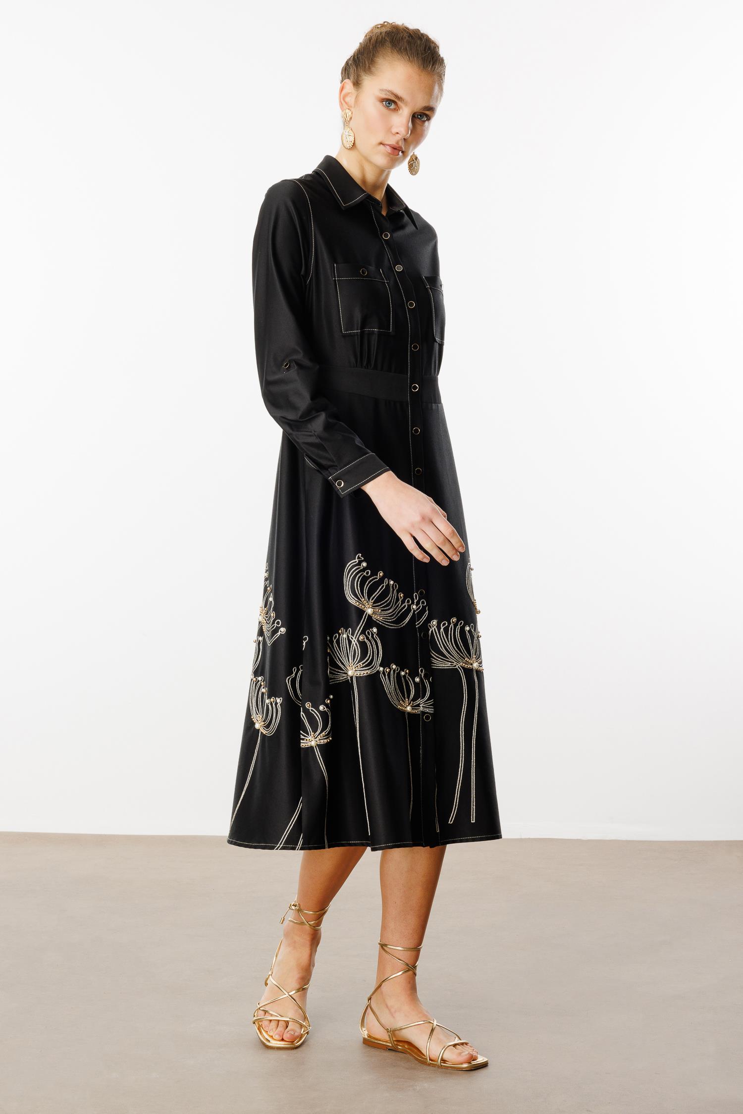 Modailgi  Etek Ucu Nakış İnci İşlemeli Cepli Elbise Orijinal