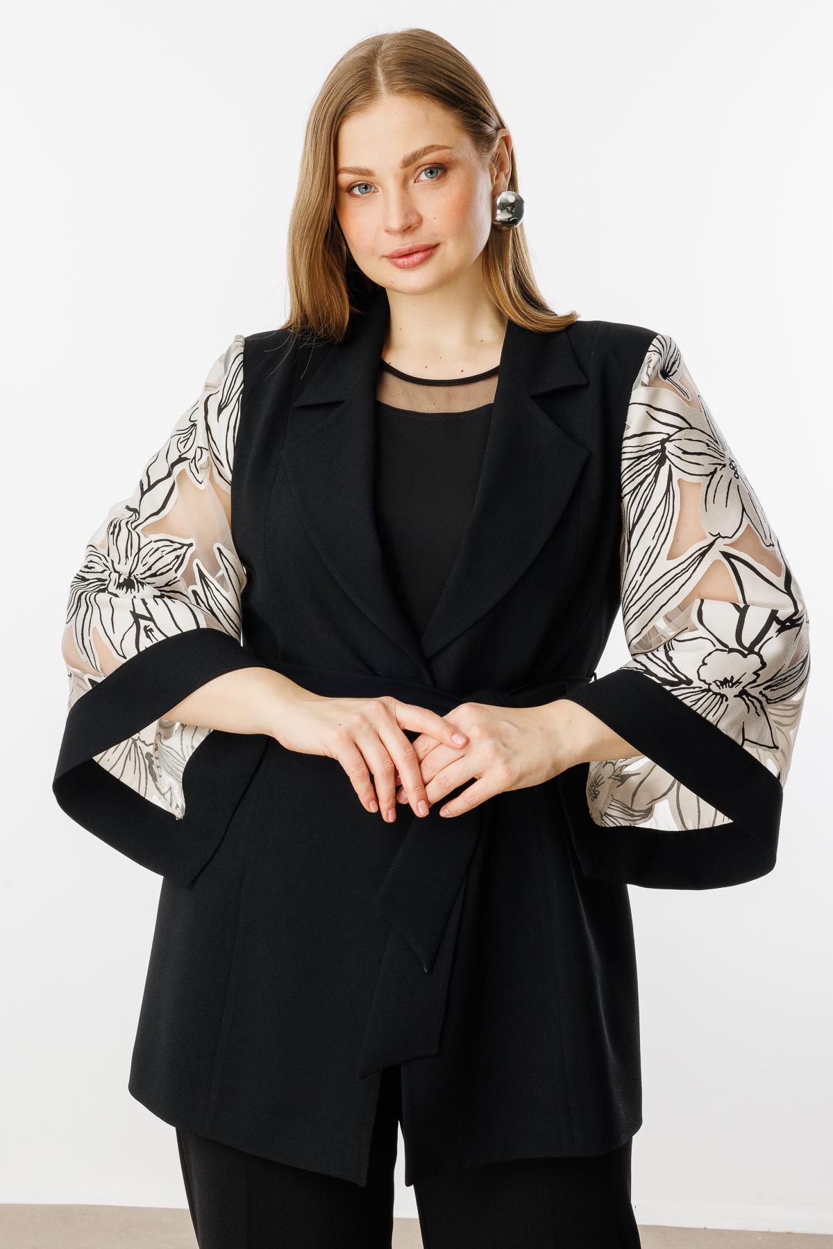 Modailgi  Evaze Kol Desenli Uzun Ceket Siyah