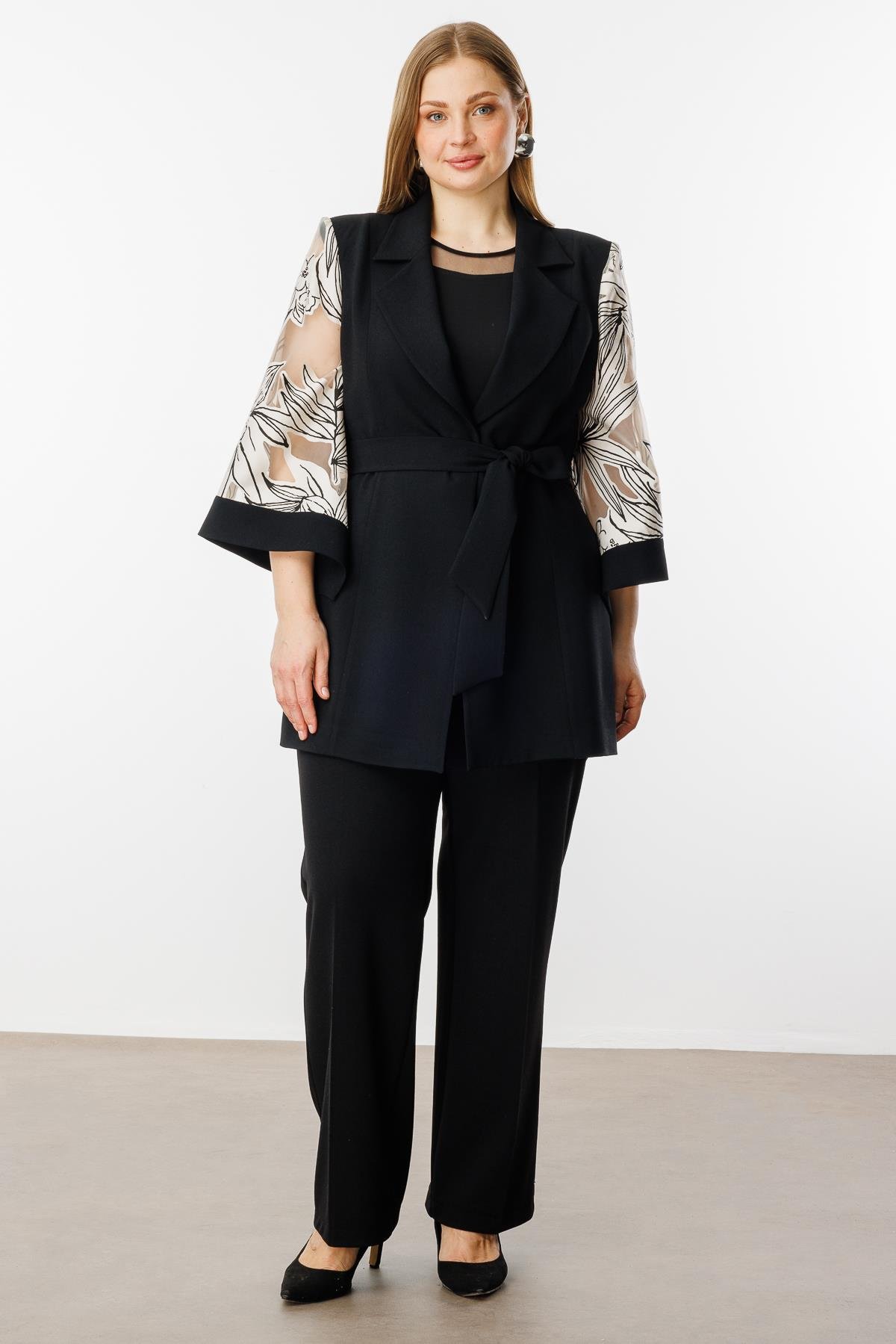 Modailgi  Evaze Kol Desenli Uzun Ceket Siyah