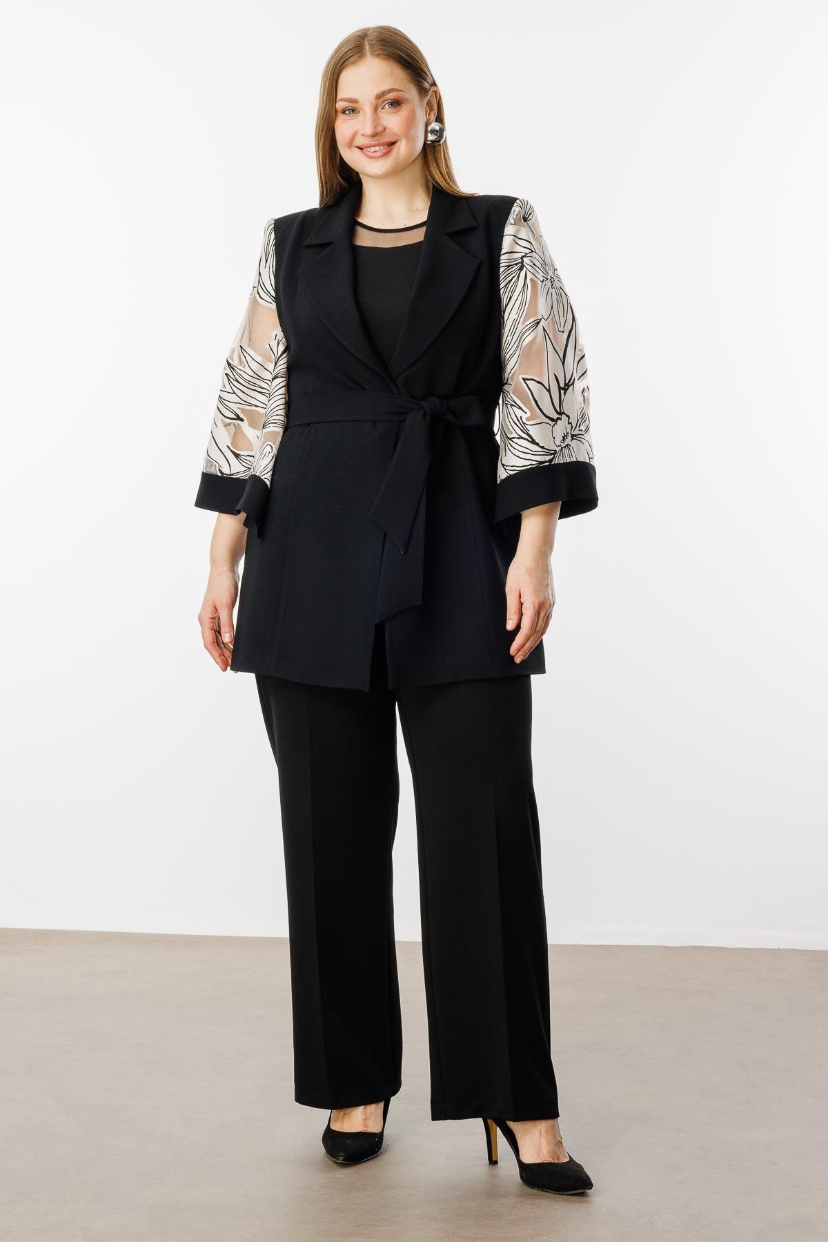 Modailgi  Evaze Kol Desenli Uzun Ceket Siyah