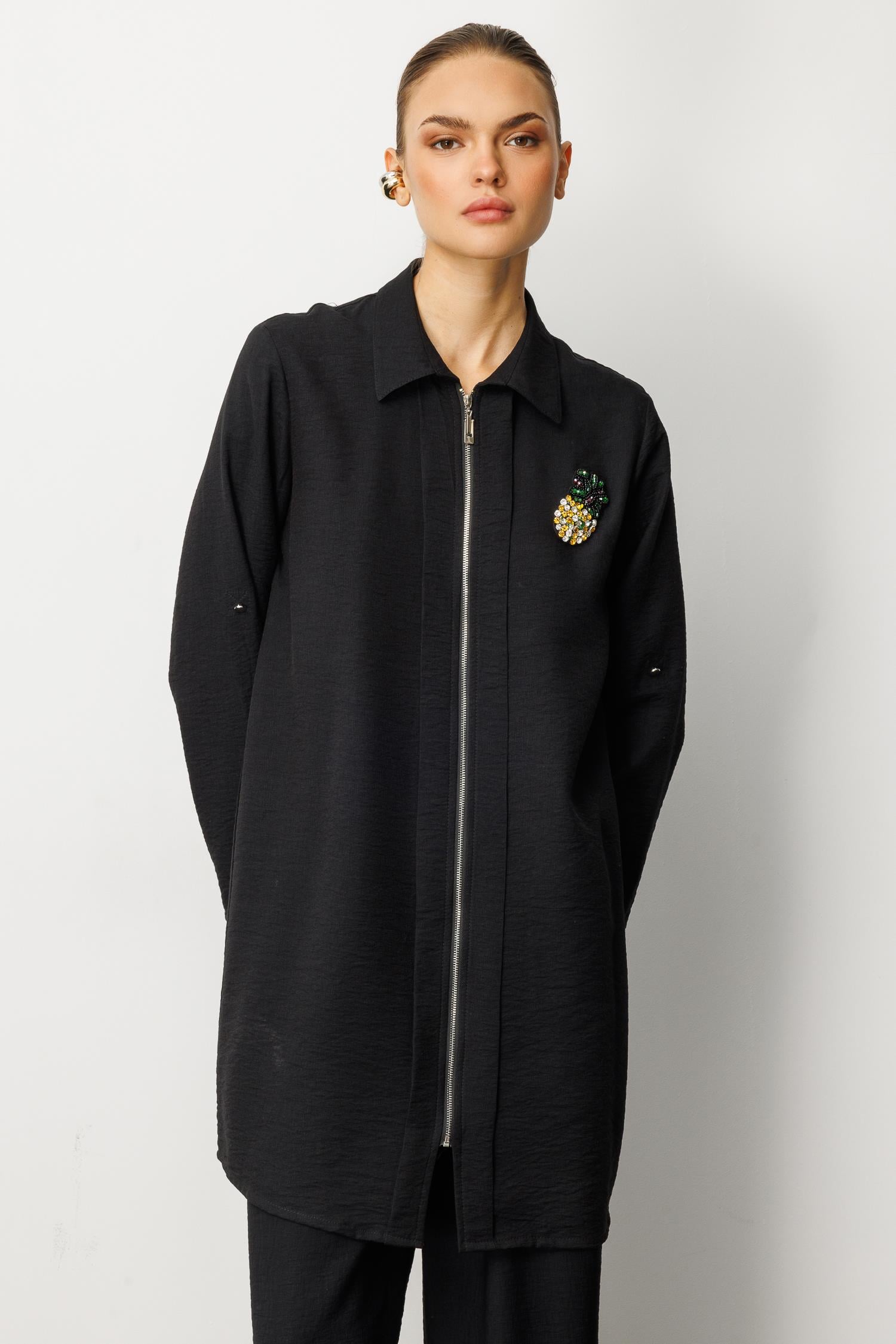 Modailgi  Fermuar Kapamalı Aksesuar Detaylı Safari Kol Tunik Siyah